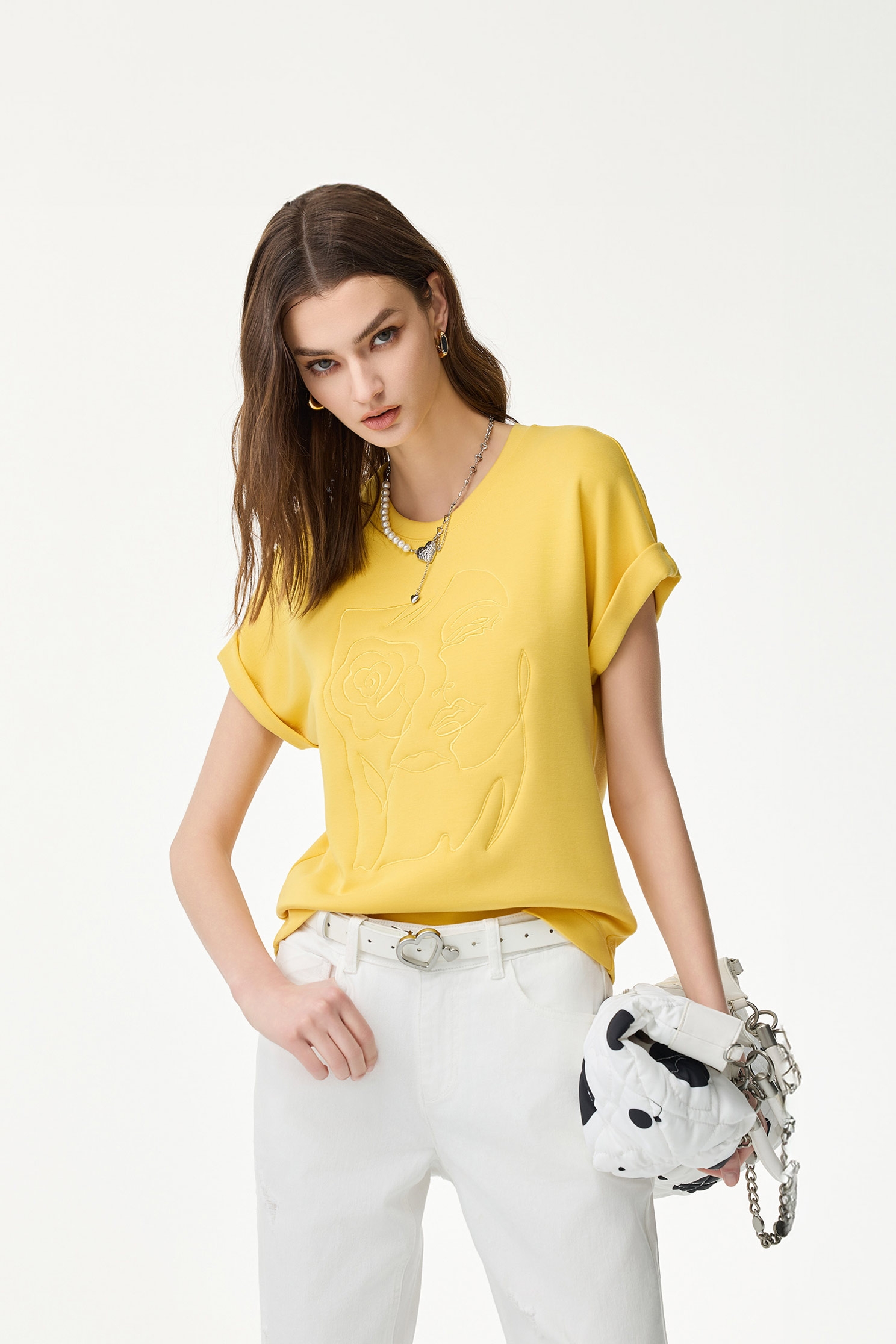 Embroidered Graphic Yellow TeeEmbroidered Graphic Yellow Tee,T-shirts,Season (SS) Look,Embroidered