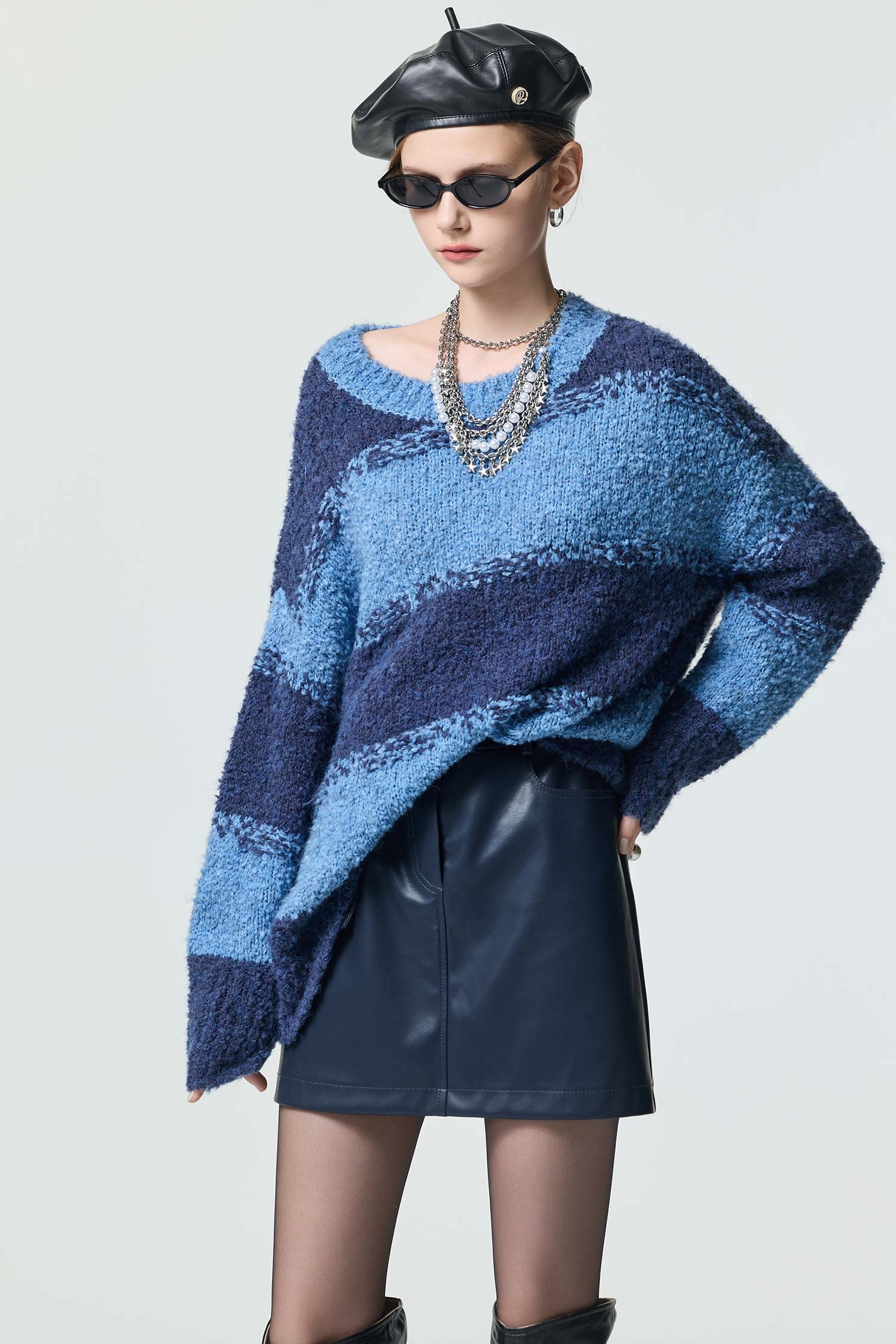 Contrast Blue Tone Long Sleeve Knit TopContrast Blue Tone Long Sleeve Knit Top,Tops,Season (SS) Look,pearl,Knitted,Knitted tops
