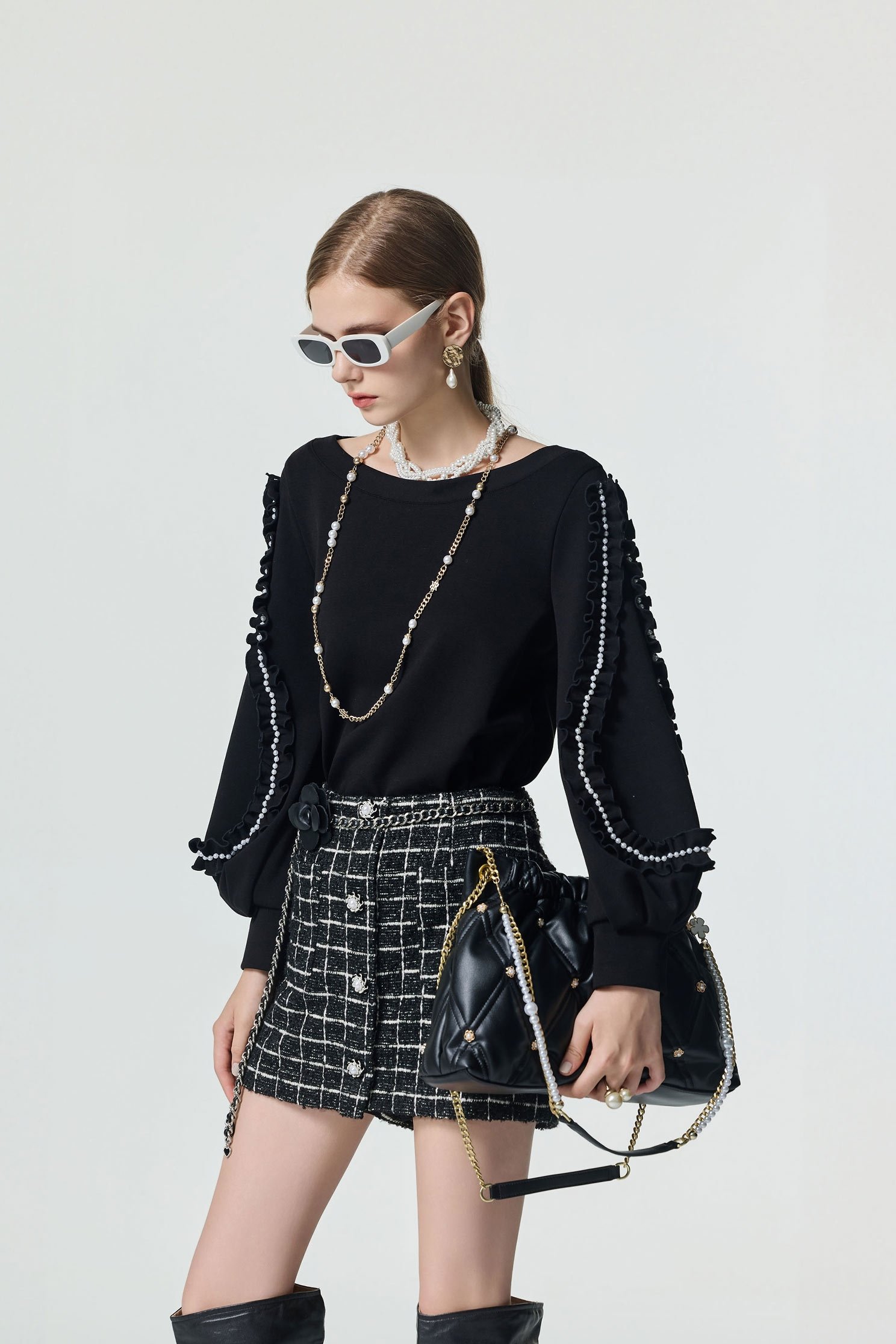 Ruffle trim Sleeve Detail Black TopRuffle trim Sleeve Detail Black Top,Tops,Season (SS) Look,pearl,black tops