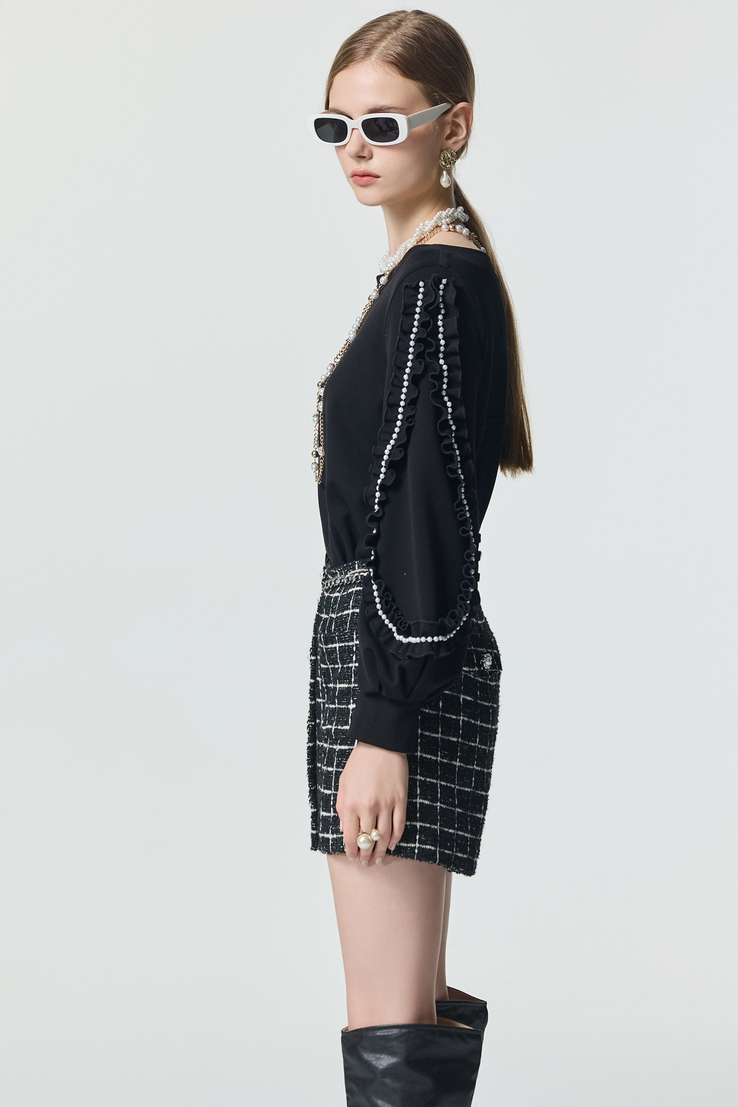Ruffle trim Sleeve Detail Black TopRuffle trim Sleeve Detail Black Top,Tops,Season (SS) Look,pearl,black tops