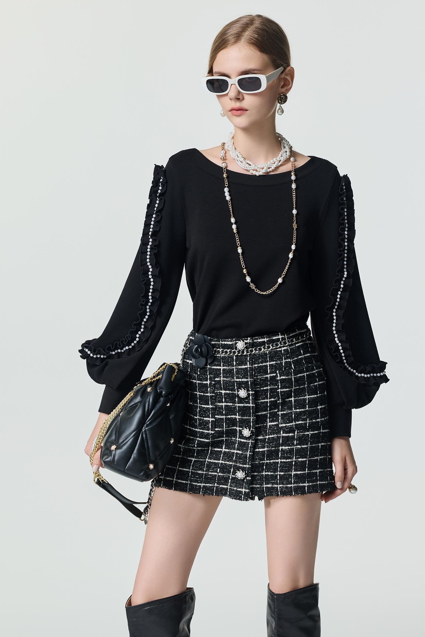 Ruffle trim Sleeve Detail Black TopRuffle trim Sleeve Detail Black Top,Tops,Season (SS) Look,pearl,black tops