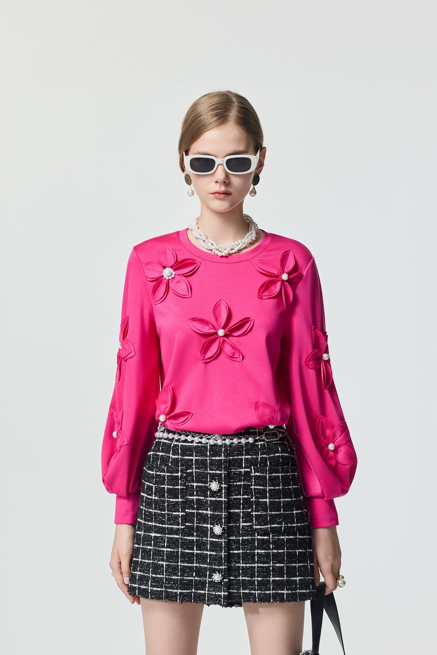 3-D Floral Magenta Pink Long Sleeve Top3-D Floral Magenta Pink Long Sleeve Top,Tops,Season (SS) Look,pearl