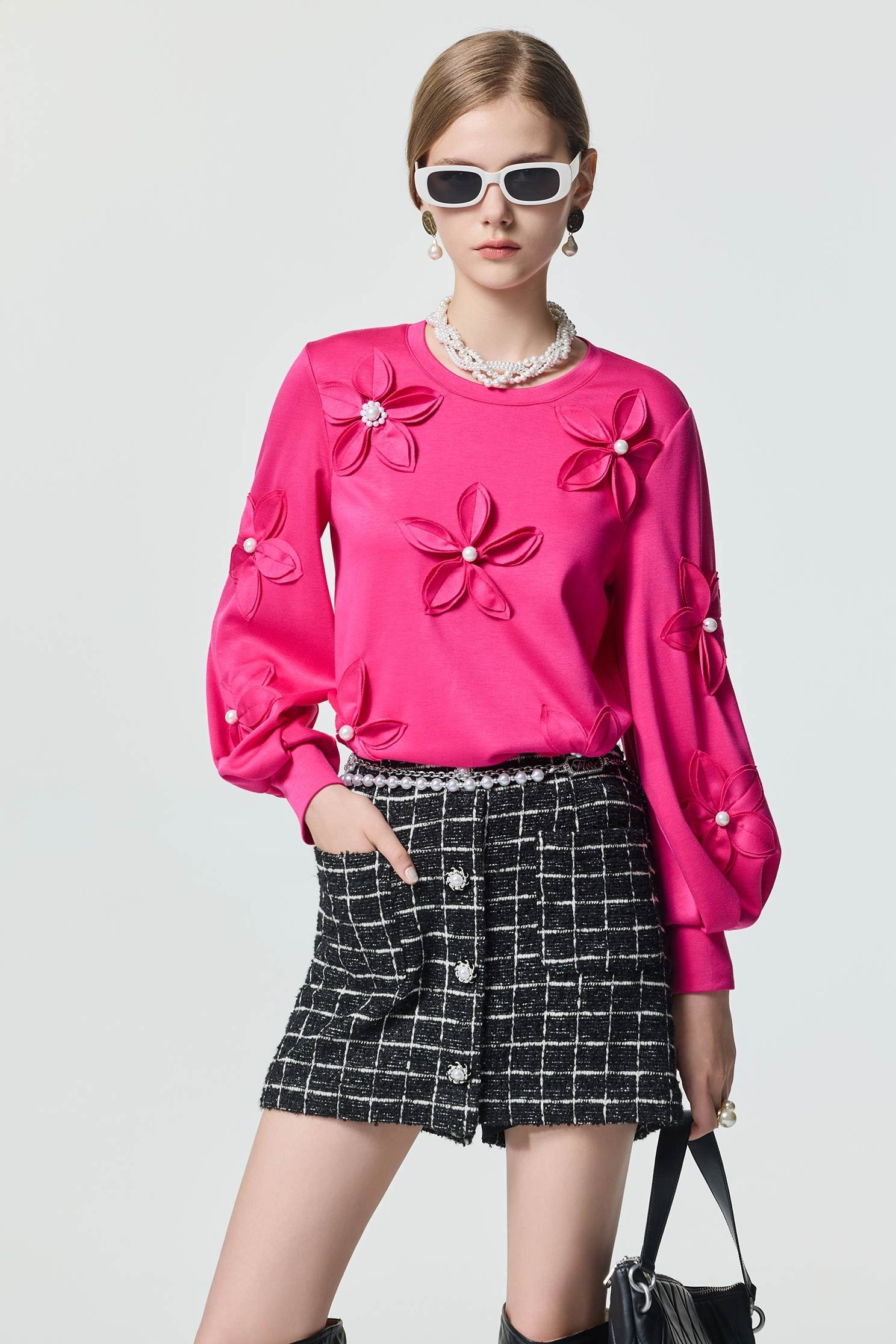 3-D Floral Magenta Pink Long Sleeve Top3-D Floral Magenta Pink Long Sleeve Top,Tops,Season (SS) Look,pearl