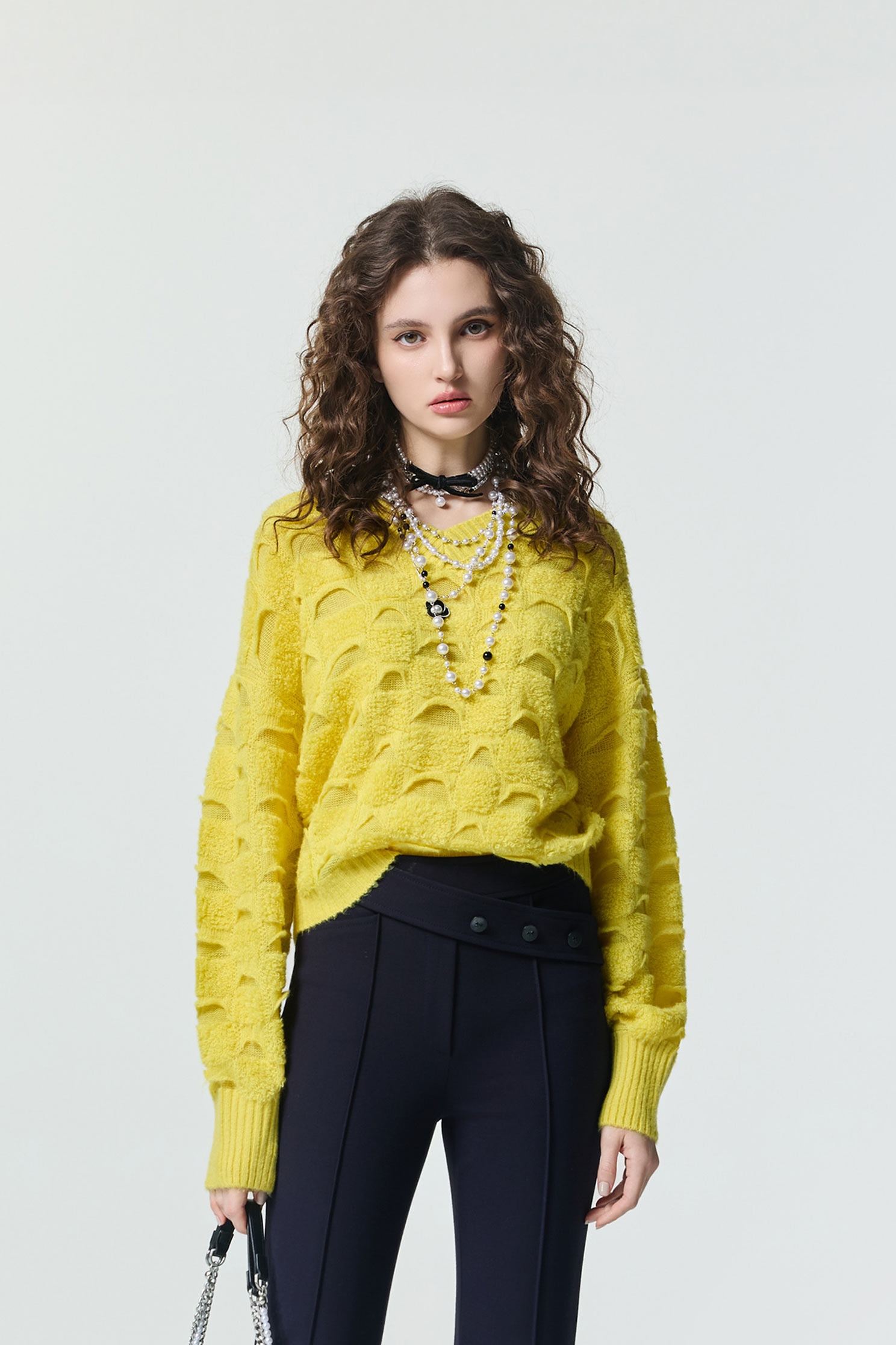 V-neck Yellow Fleece Knit TopV-neck Yellow Fleece Knit Top,Tops,Season (SS) Look,Plaid,Knitted,Knitted tops