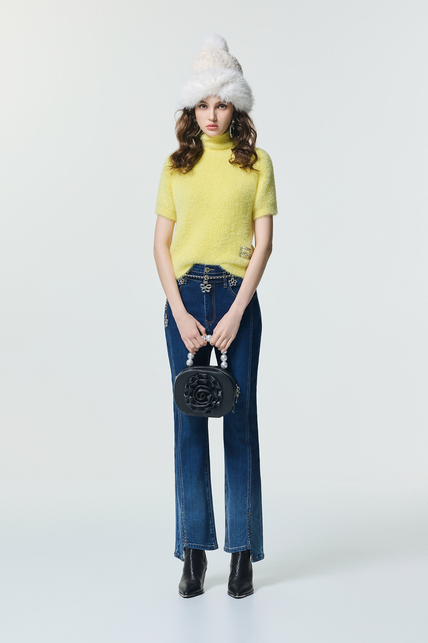 Pale Yellow Turtle Neck Faux Fur TopPale Yellow Turtle Neck Faux Fur Top,Tops,Season (SS) Look,Knitted,Knitted tops