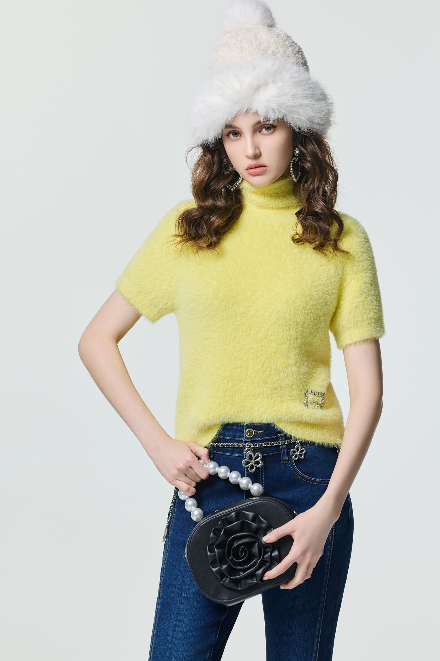 Pale Yellow Turtle Neck Faux Fur TopPale Yellow Turtle Neck Faux Fur Top,Tops,Season (SS) Look,Knitted,Knitted tops