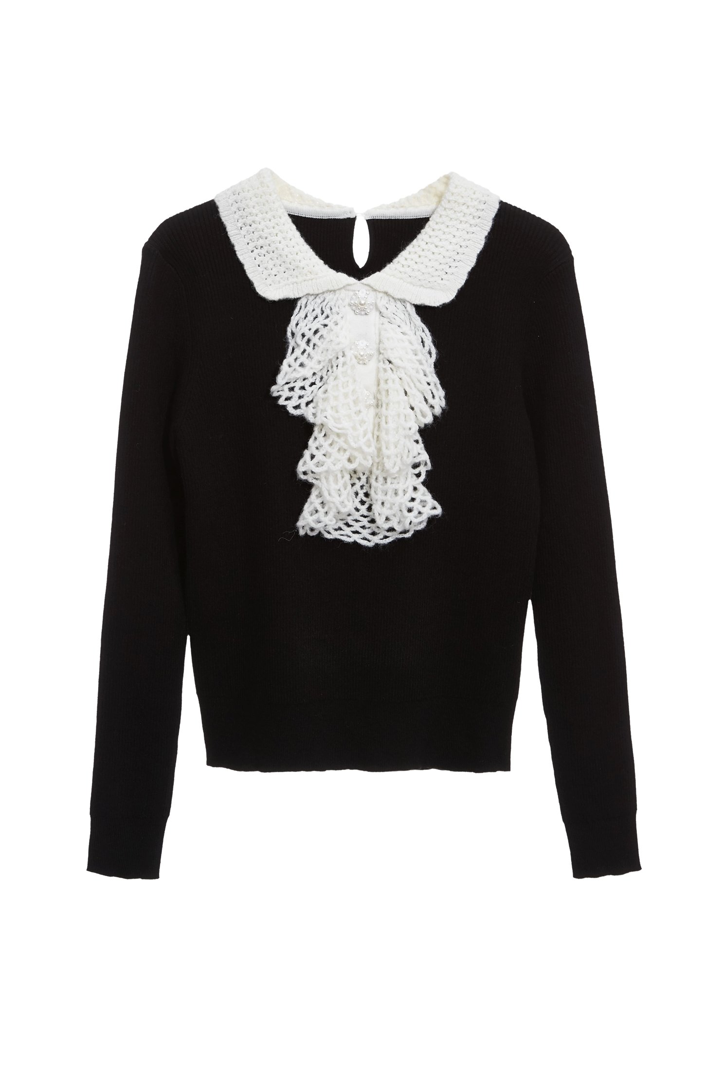 Hand Knit Front Ruffle Detail Long Sleeve Knit TopHand Knit Front Ruffle Detail Long Sleeve Knit Top,Tops,Season (SS) Look,pearl,Knitted,Knitted tops,black tops