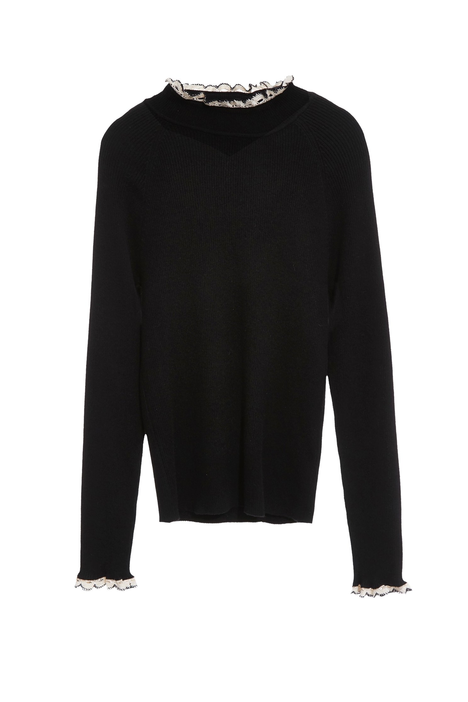 Ruffle Trim Detail Long Sleeve Knit TopRuffle Trim Detail Long Sleeve Knit Top,Tops,Season (SS) Look,Knitted,Knitted tops,black tops