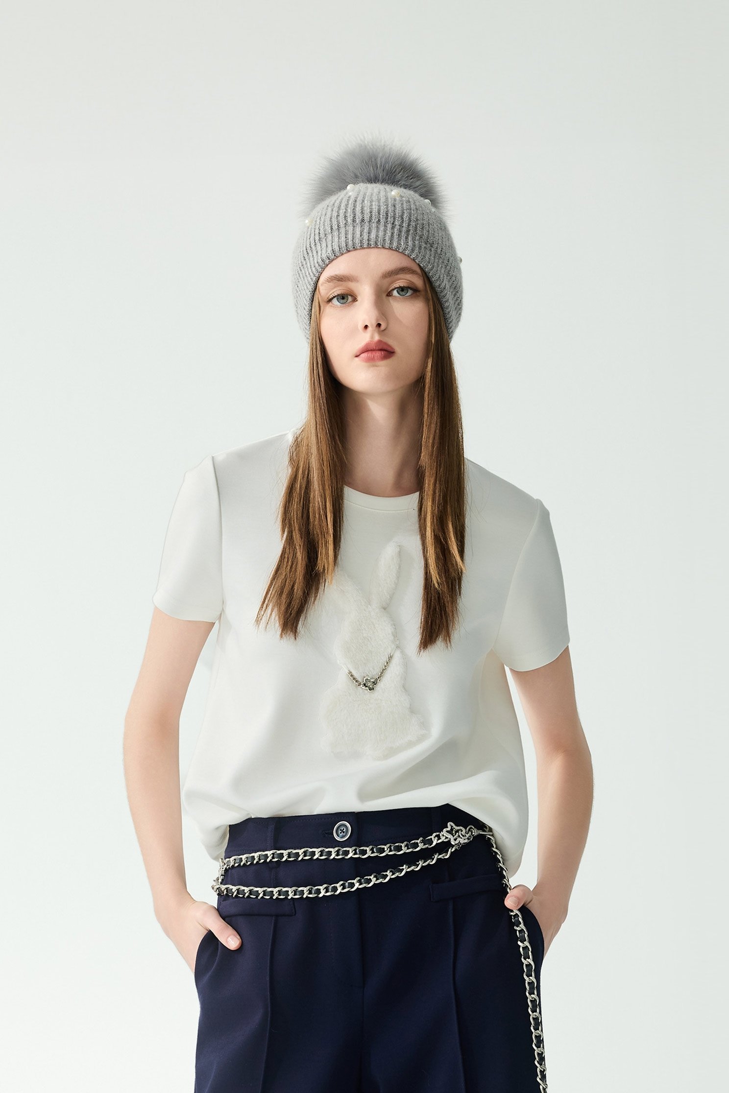 White Bunny Motif Short Sleeve TeeWhite Bunny Motif Short Sleeve Tee,Tops,Season (SS) Look,White tops,Necklaces