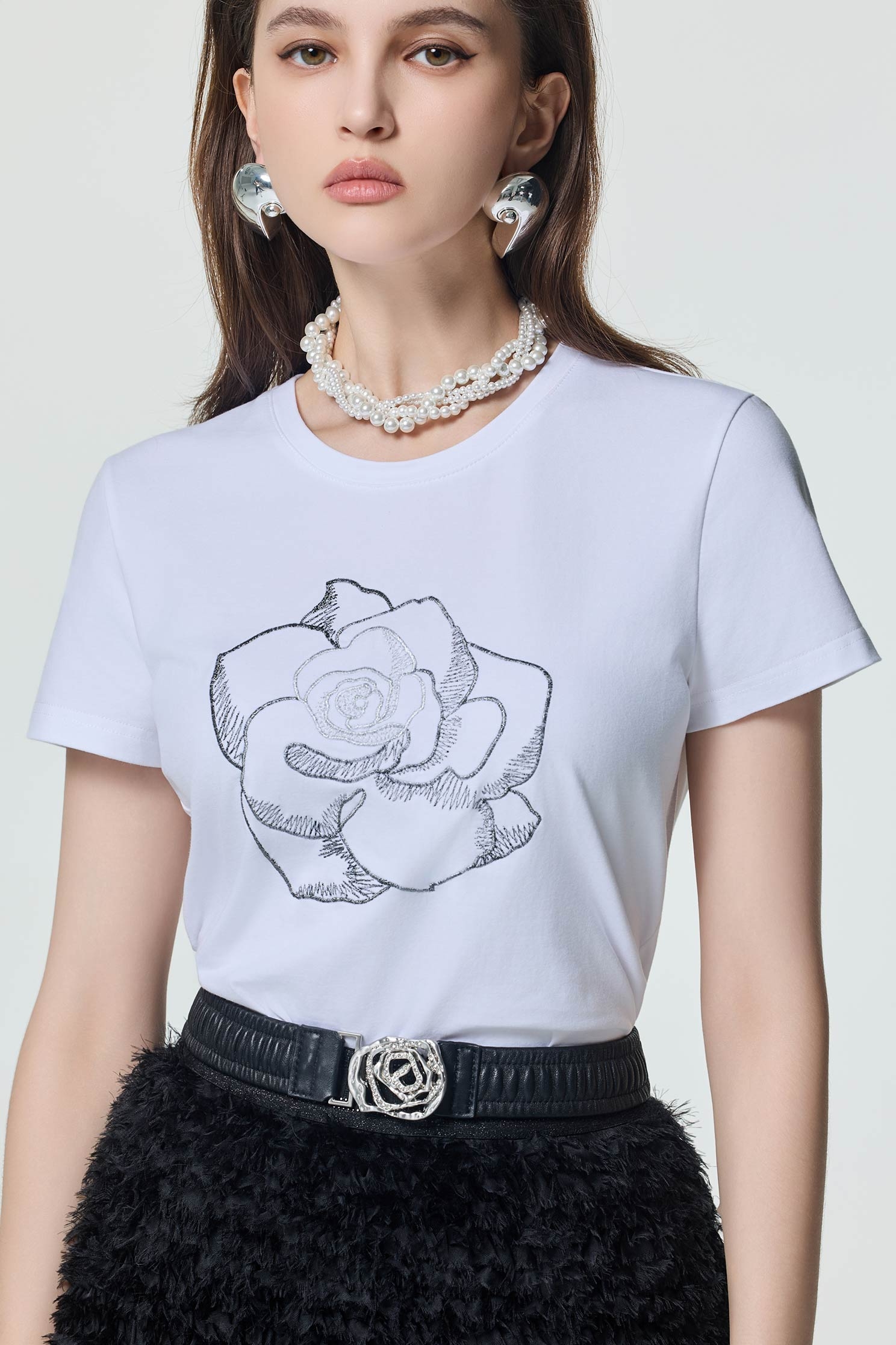 Printed Rose Graphic Short Sleeve TeePrinted Rose Graphic Short Sleeve Tee,T-shirts,Tops,Season (SS) Look,White tops,Embroidered