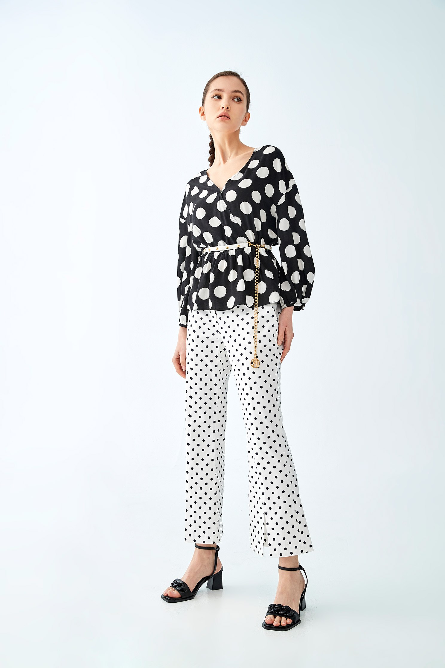 Polka Dot Wrap BlouseBlack and white dot top with wrinkled hem,V-Neck T shirts,Tops,Rayon,Season (SS) Look,Trends