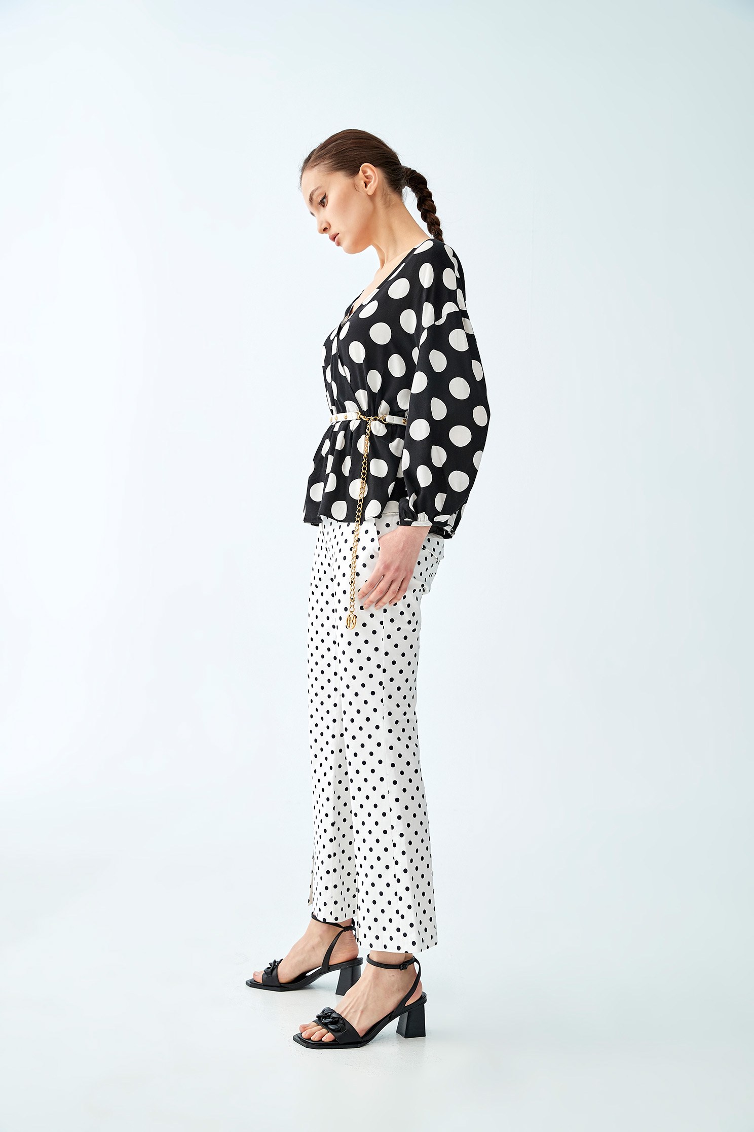 Polka Dot Wrap BlouseBlack and white dot top with wrinkled hem,V-Neck T shirts,Tops,Rayon,Season (SS) Look,Trends