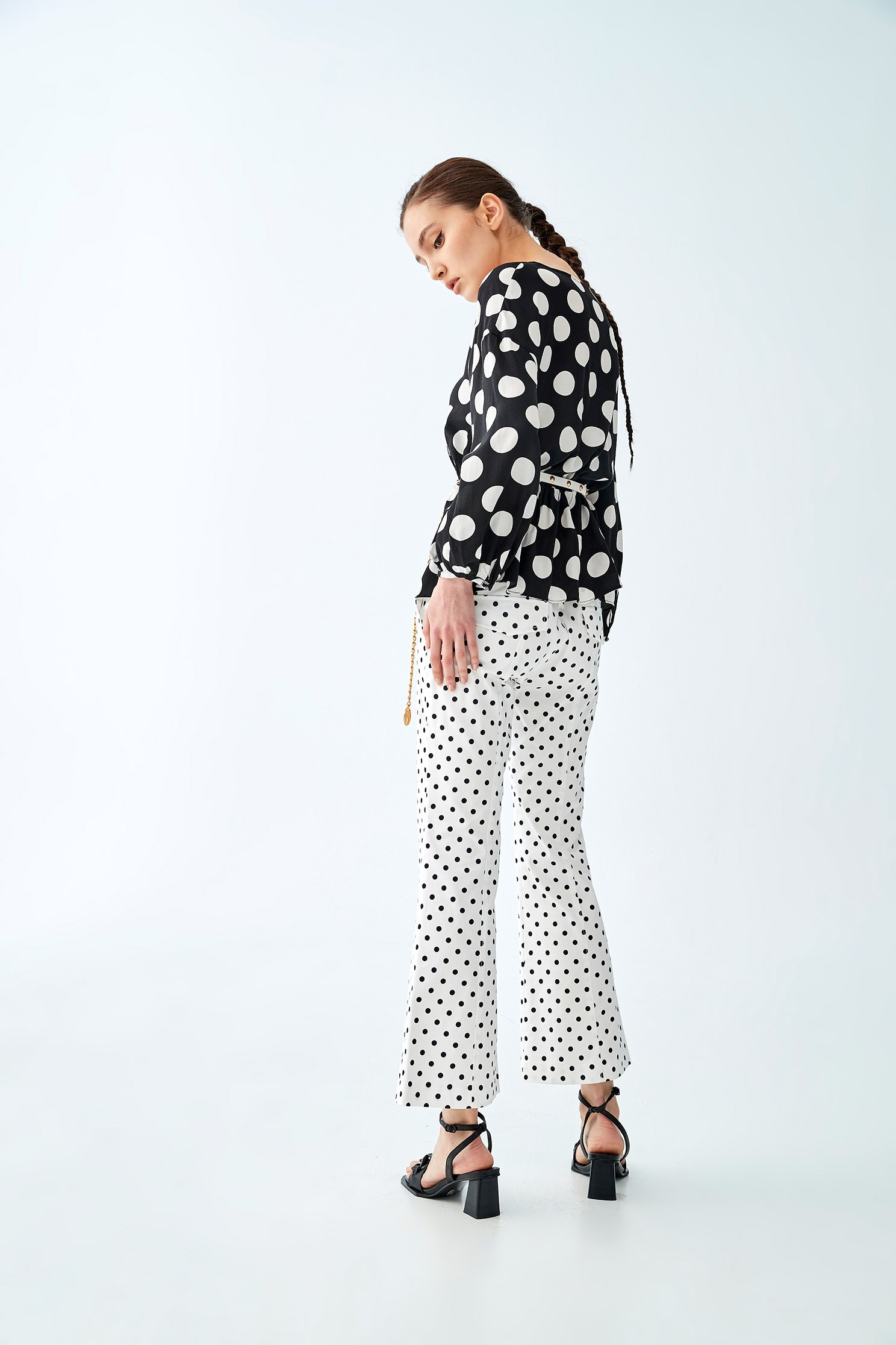 Polka Dot Wrap BlouseBlack and white dot top with wrinkled hem,V-Neck T shirts,Tops,Rayon,Season (SS) Look,Trends