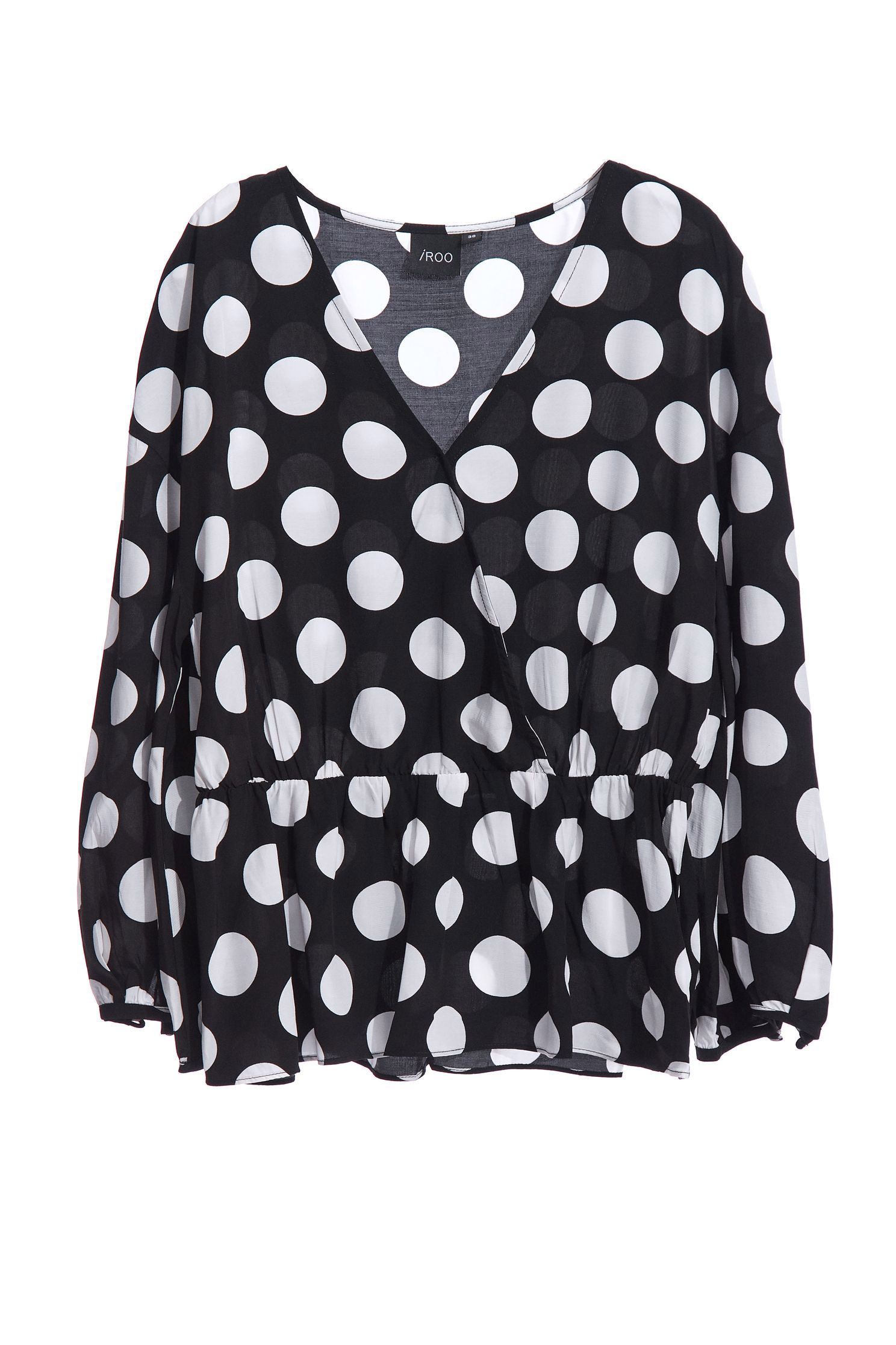 Polka Dot Wrap BlouseBlack and white dot top with wrinkled hem,V-Neck T shirts,Tops,Rayon,Season (SS) Look,Trends