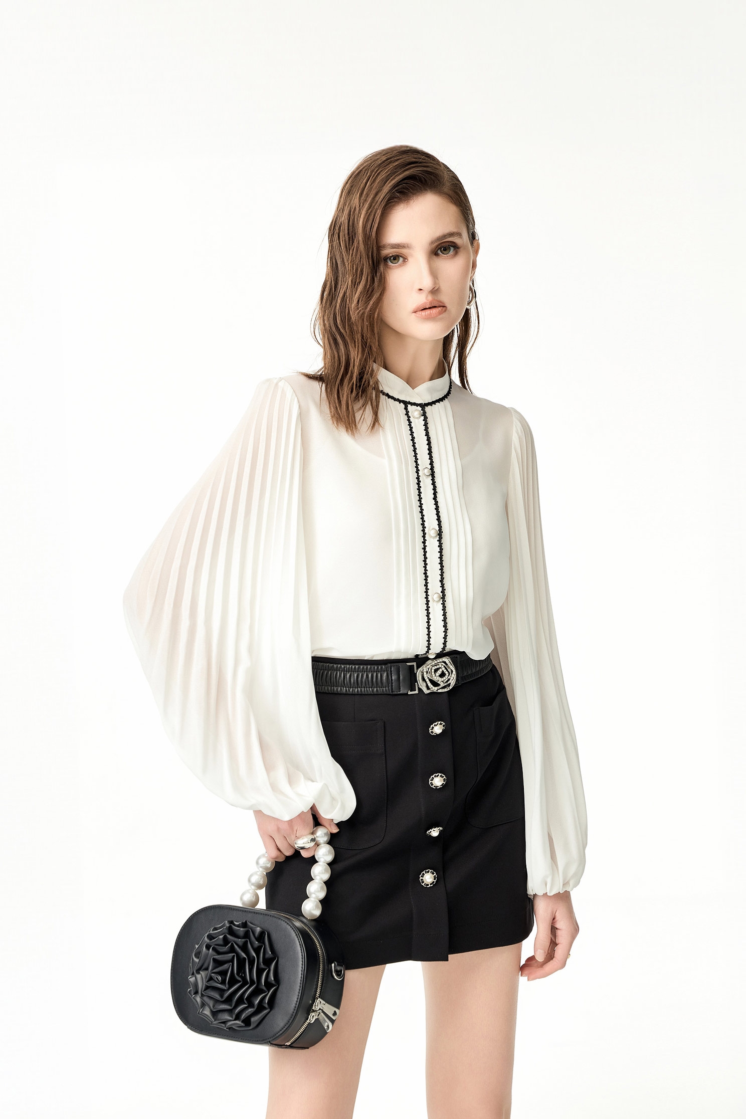 Pleated Sleeve Detail Button Front BlousePleated Sleeve Detail Button Front Blouse,Office Looks,Tops,Season (SS) Look,Chiffon,Chiffon tops