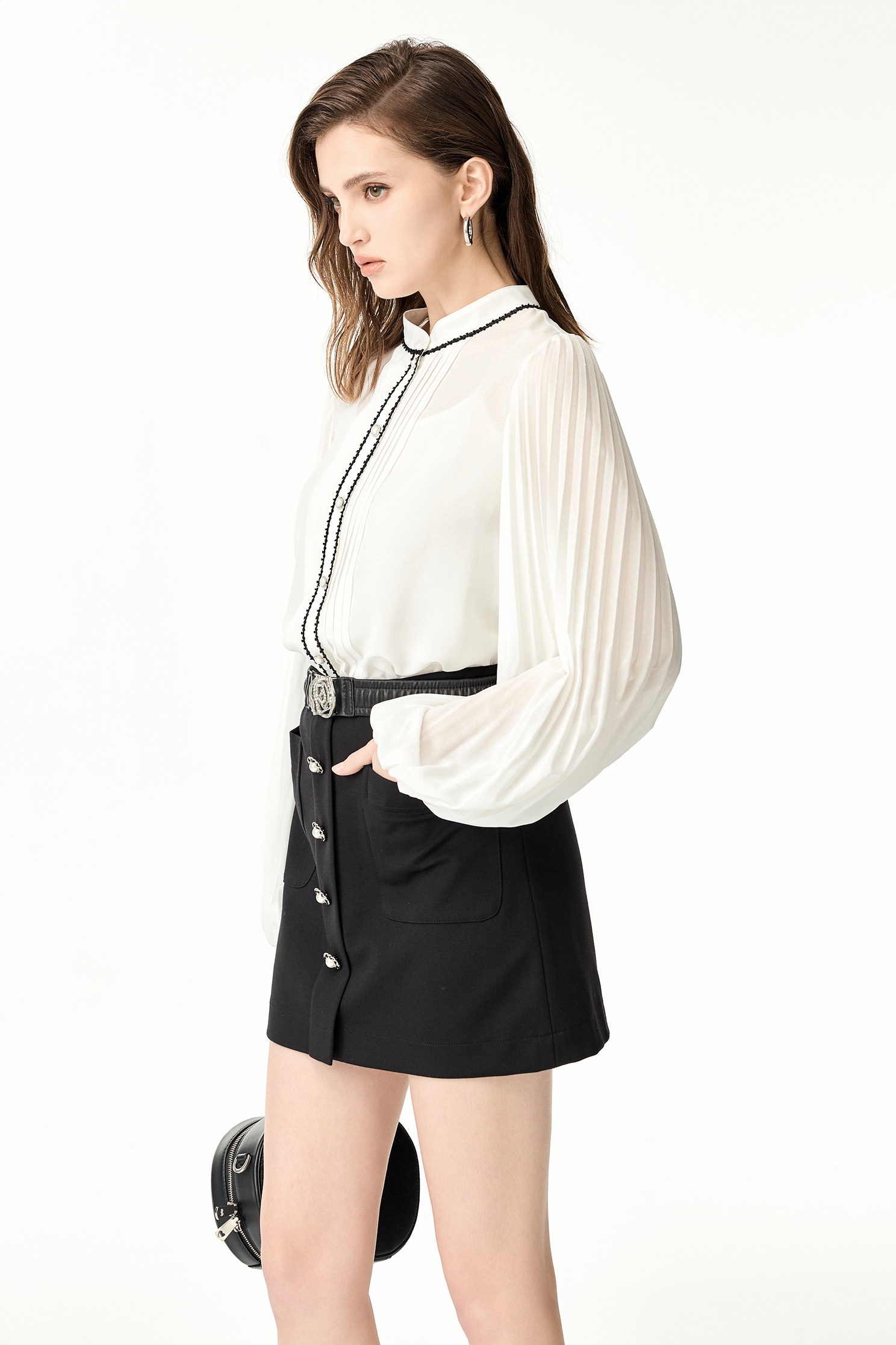 Pleated Sleeve Detail Button Front BlousePleated Sleeve Detail Button Front Blouse,Office Looks,Tops,Season (SS) Look,Chiffon,Chiffon tops