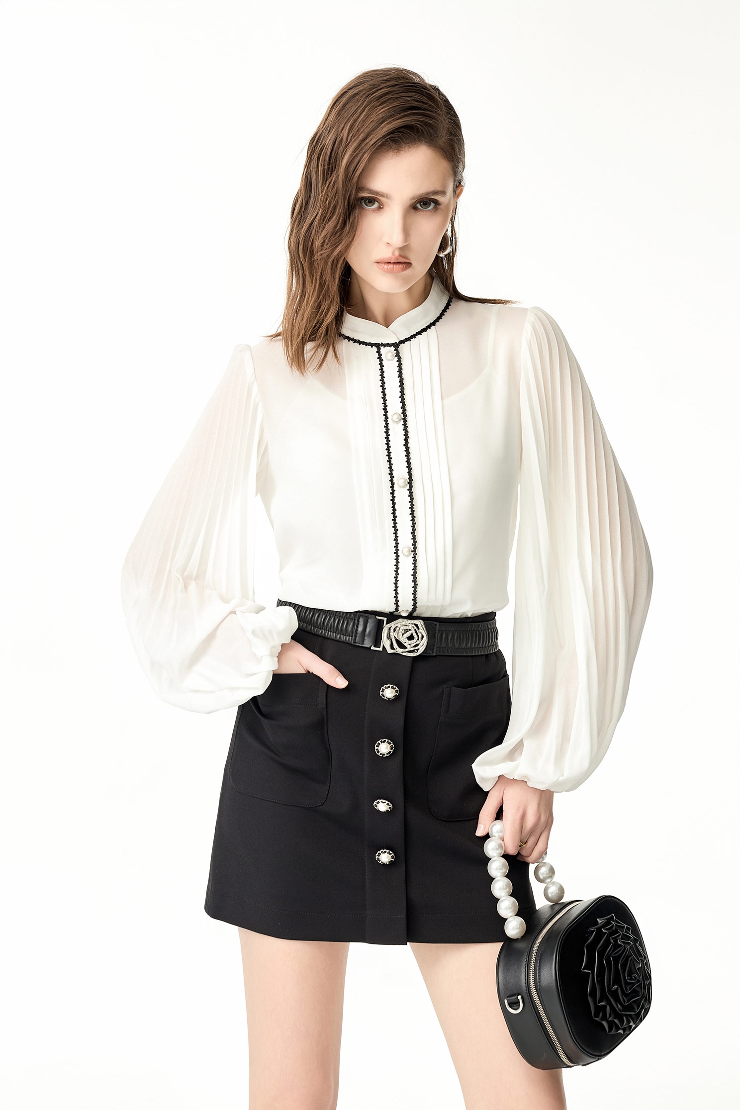 Pleated Sleeve Detail Button Front BlousePleated Sleeve Detail Button Front Blouse,Office Looks,Tops,Season (SS) Look,Chiffon,Chiffon tops