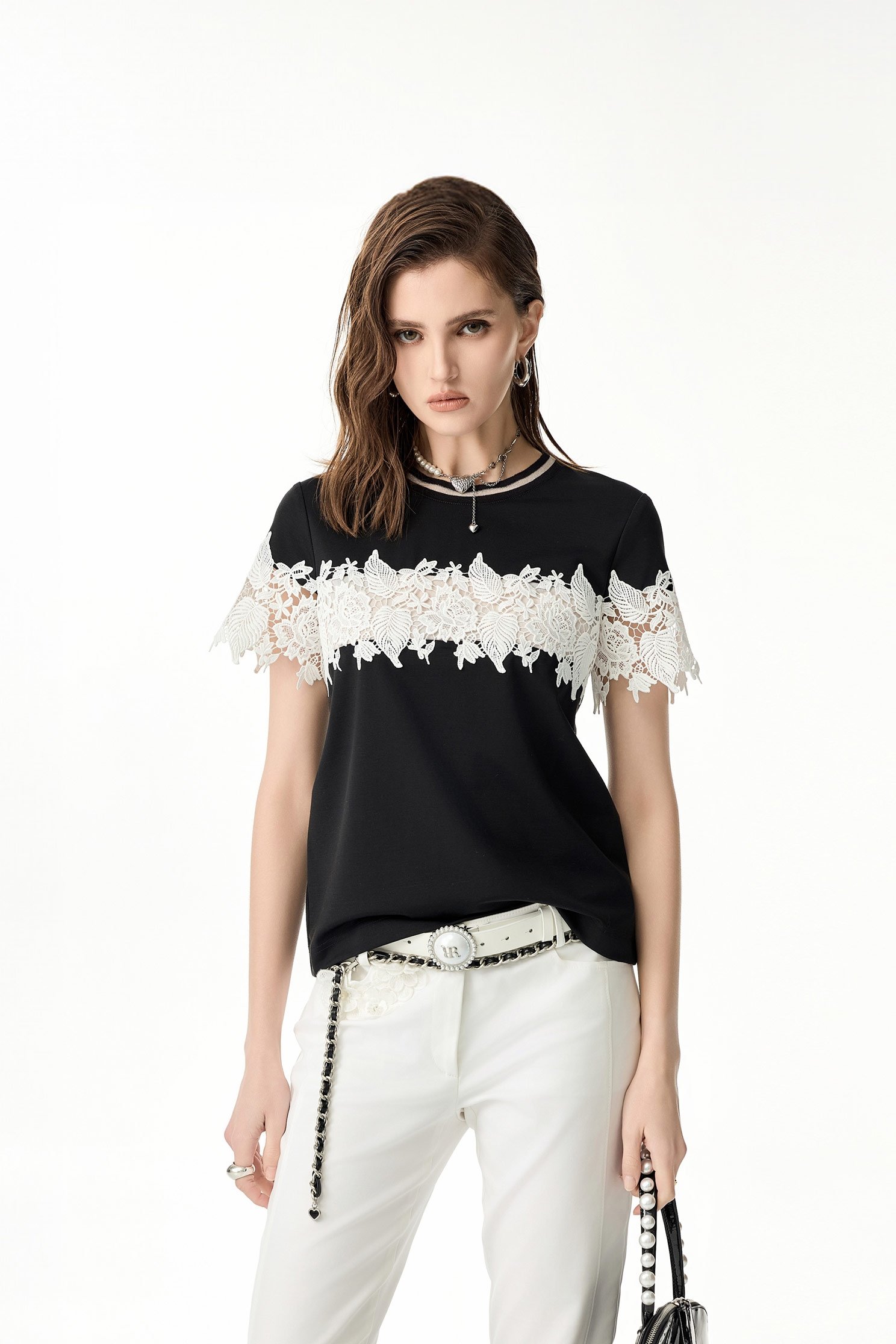 Contrast White Lace Detail TeeContrast White Lace Detail Tee,Tops,Season (SS) Look,blossoms,Lace