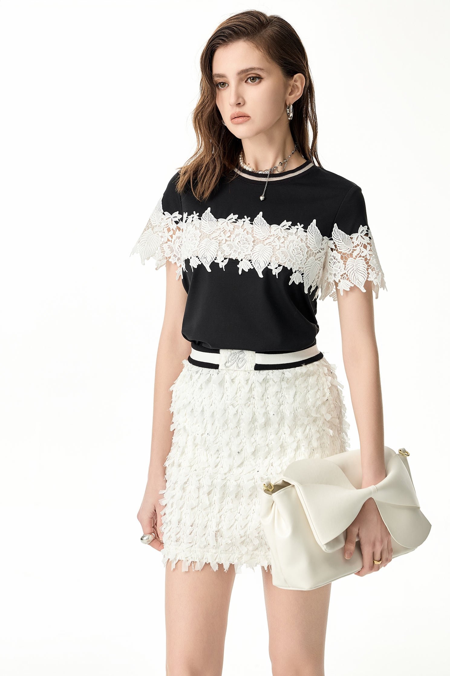 Contrast White Lace Detail TeeContrast White Lace Detail Tee,Tops,Season (SS) Look,blossoms,Lace