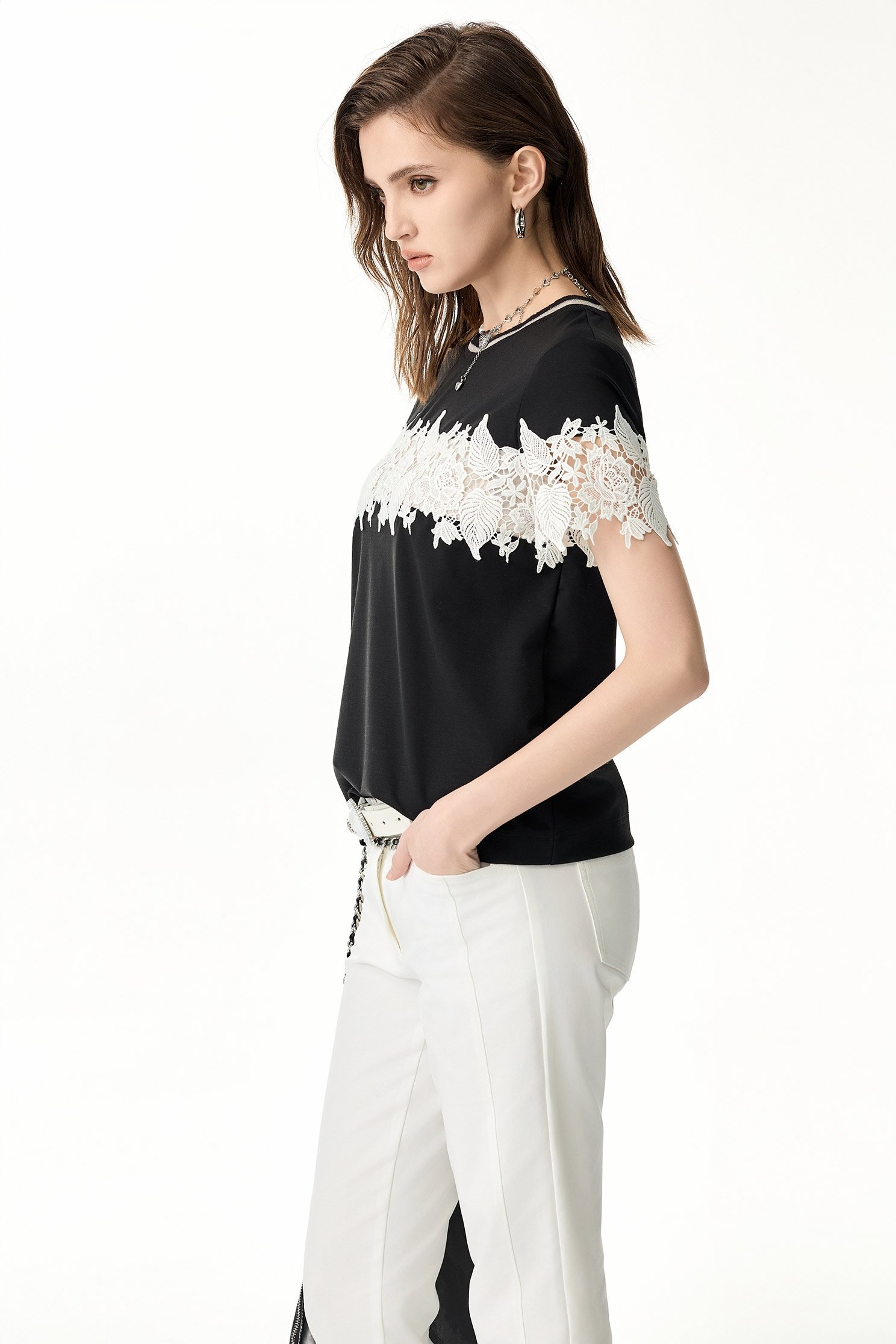 Contrast White Lace Detail TeeContrast White Lace Detail Tee,Tops,Season (SS) Look,blossoms,Lace