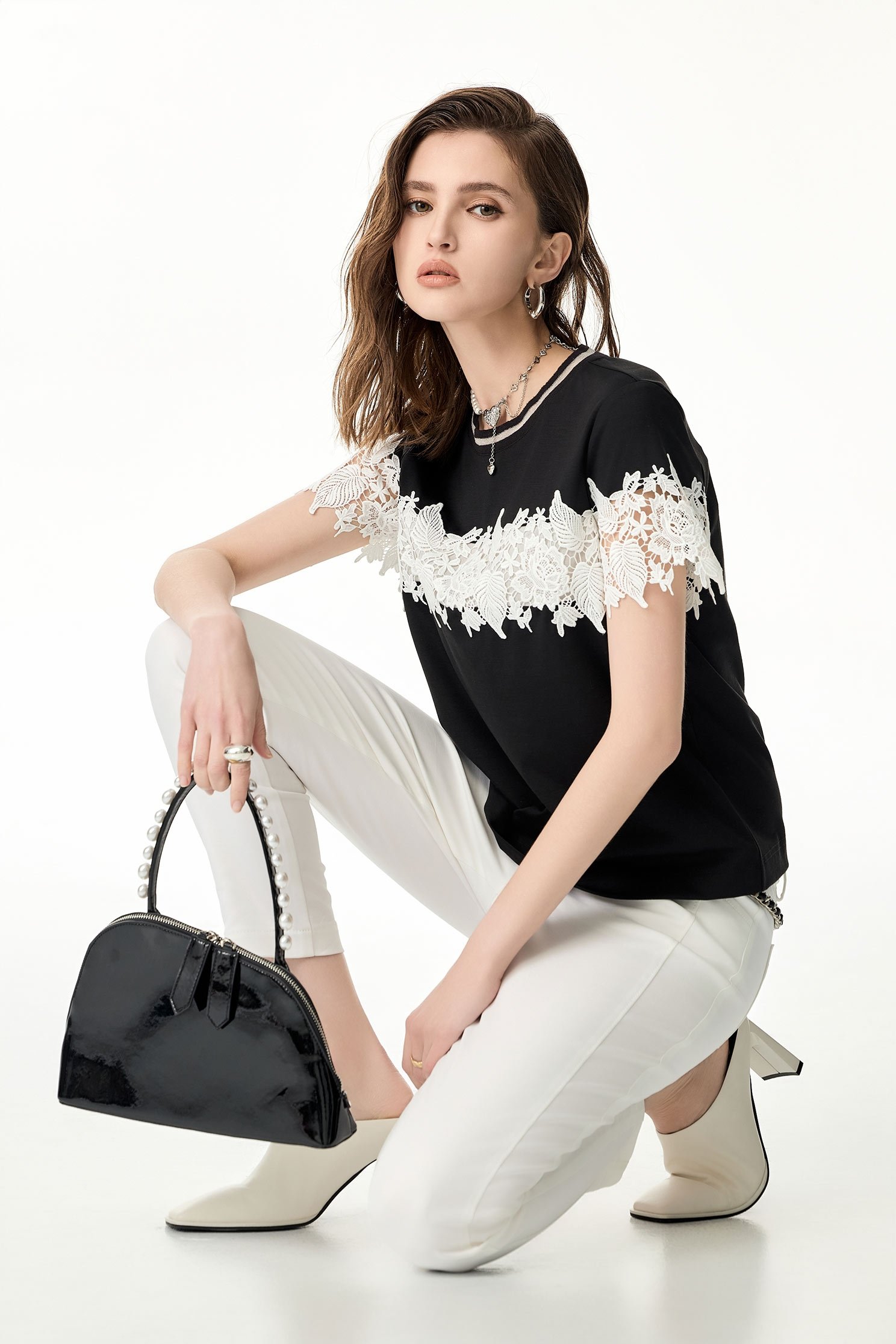 Contrast White Lace Detail TeeContrast White Lace Detail Tee,Tops,Season (SS) Look,blossoms,Lace