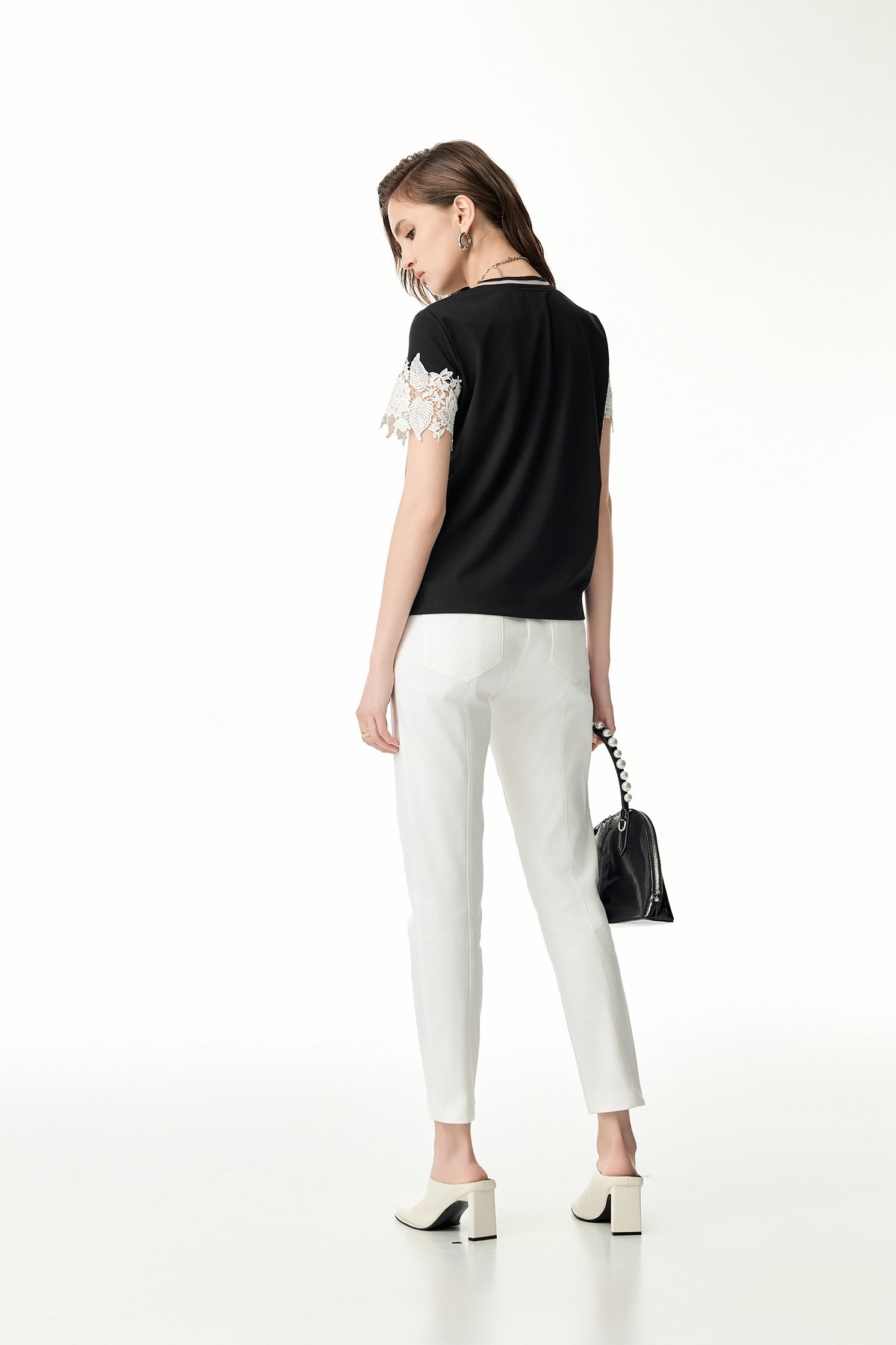 Contrast White Lace Detail TeeContrast White Lace Detail Tee,Tops,Season (SS) Look,blossoms,Lace