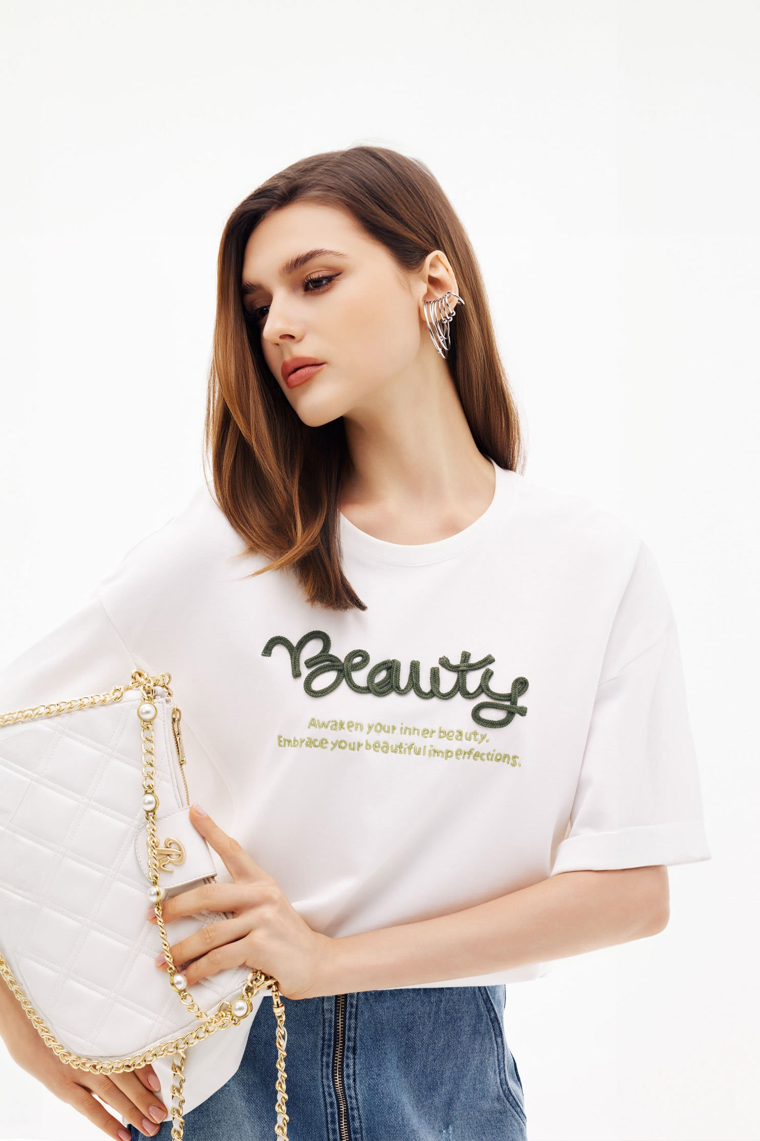 Front Slogan Oversize TeeFront Slogan Oversize Tee,Tops,Embroidered,Season (SS) Look,White tops