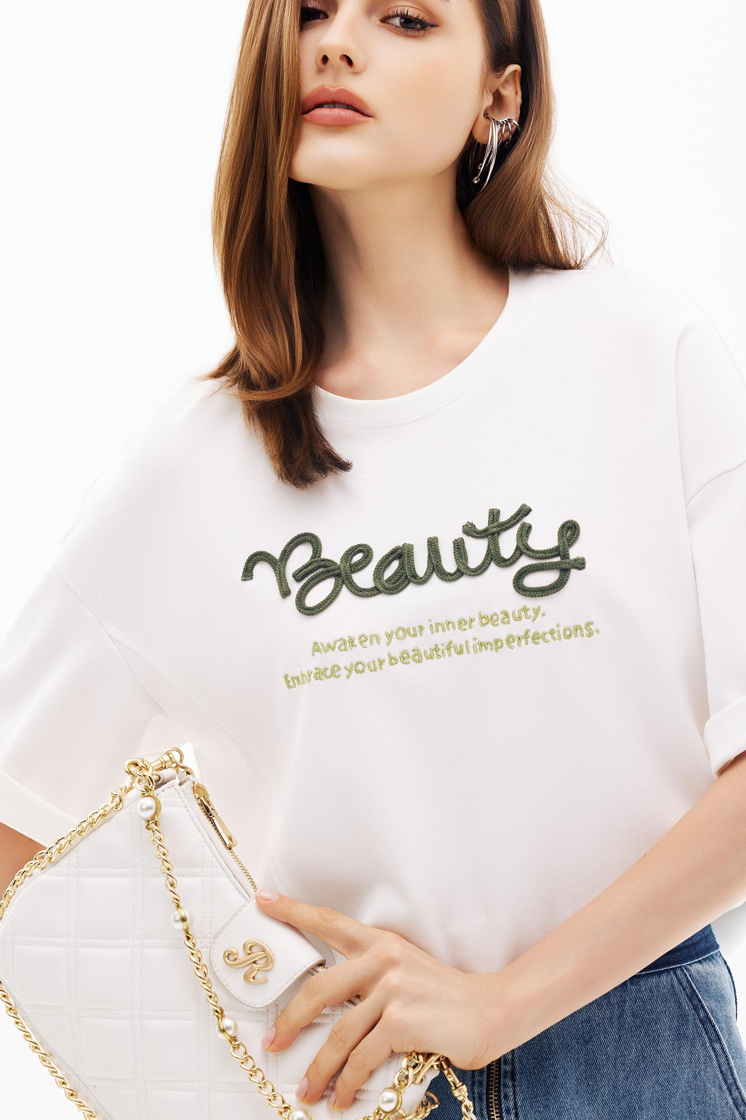 Front Slogan Oversize TeeFront Slogan Oversize Tee,Tops,Embroidered,Season (SS) Look,White tops