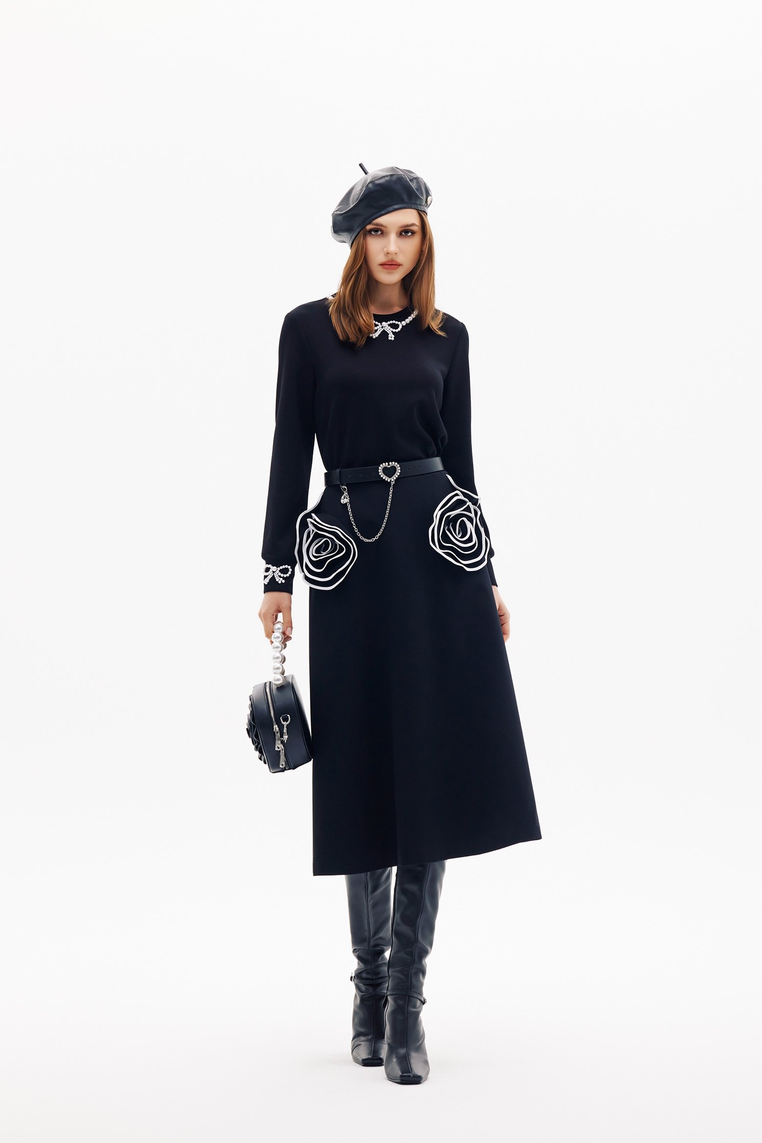 Pearl Applique Detail Long Sleeve TopPearl Applique Detail Long Sleeve Top,Office Looks,Tops,bestselling,Season (SS) Look,pearl,simple outfits,Valentine,bows,black tops