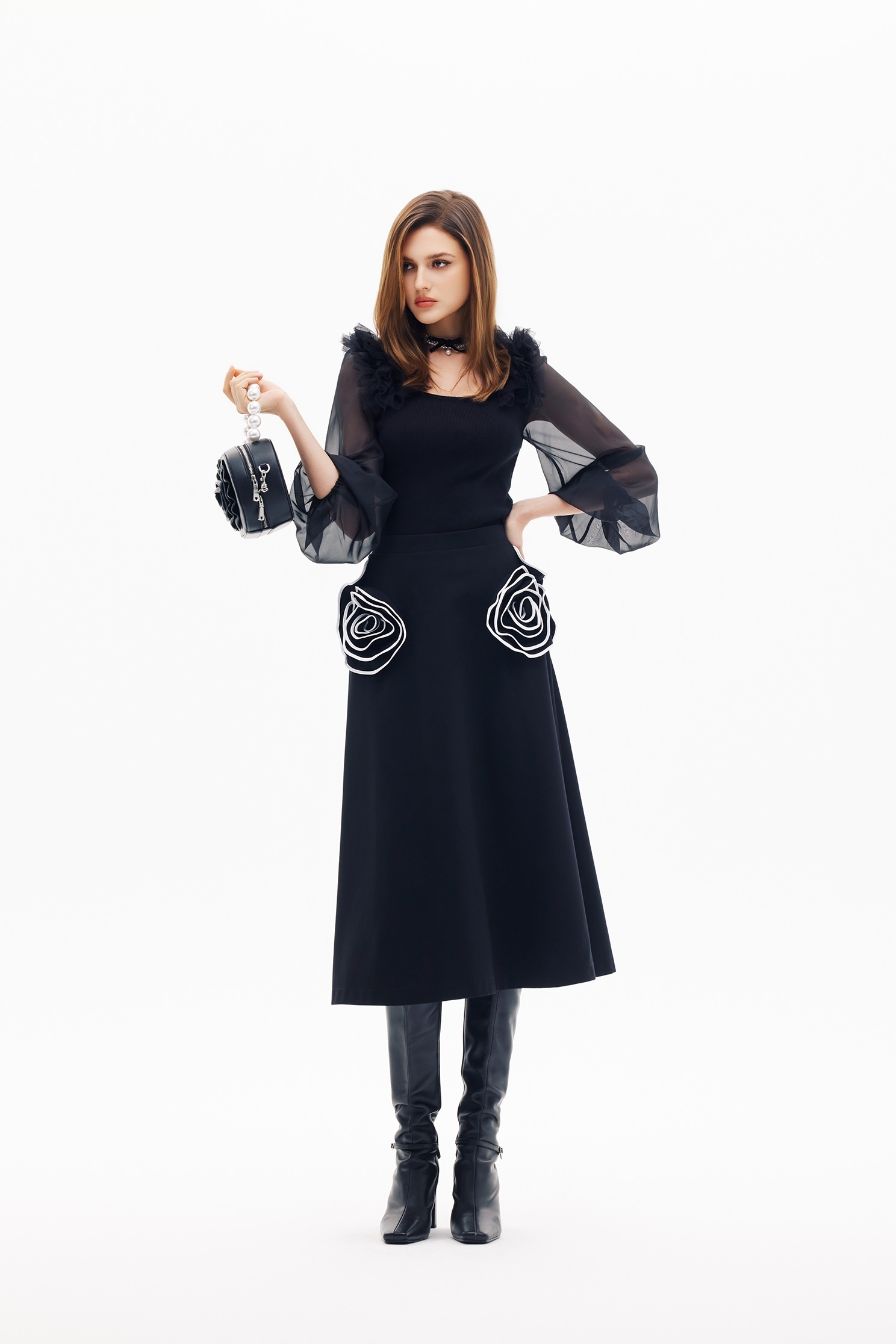 Organza Sleeve Knit Top With Ruffle DetailOrganza Sleeve Knit Top With Ruffle Detail,Office Looks,Tops,Season (SS) Look,Valentine,Knitted,Knitted tops,black tops