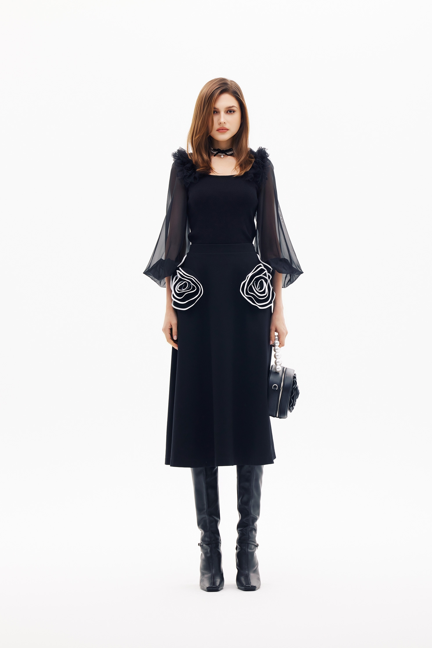 Organza Sleeve Knit Top With Ruffle DetailOrganza Sleeve Knit Top With Ruffle Detail,Office Looks,Tops,Season (SS) Look,Valentine,Knitted,Knitted tops,black tops