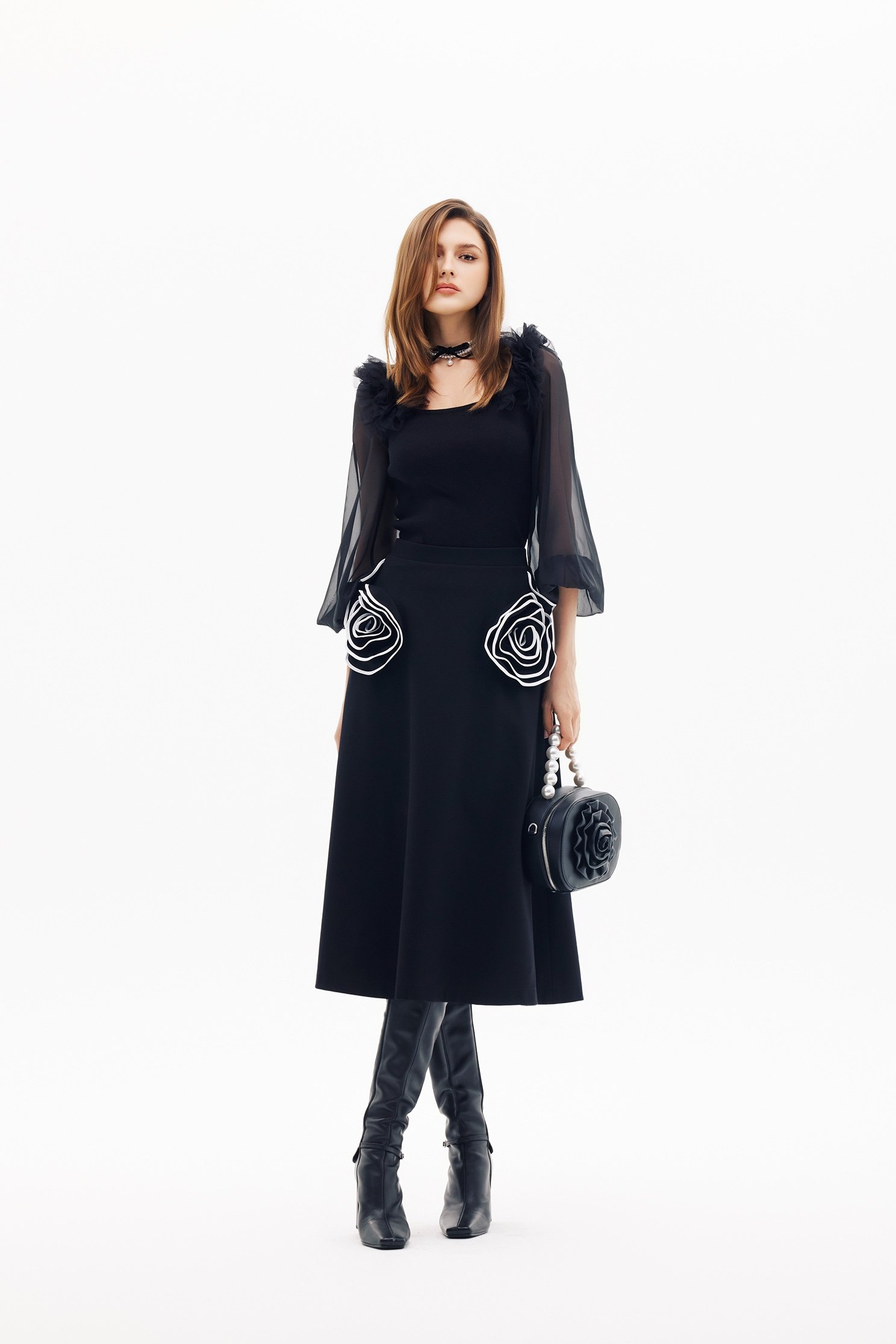 Organza Sleeve Knit Top With Ruffle DetailOrganza Sleeve Knit Top With Ruffle Detail,Office Looks,Tops,Season (SS) Look,Valentine,Knitted,Knitted tops,black tops