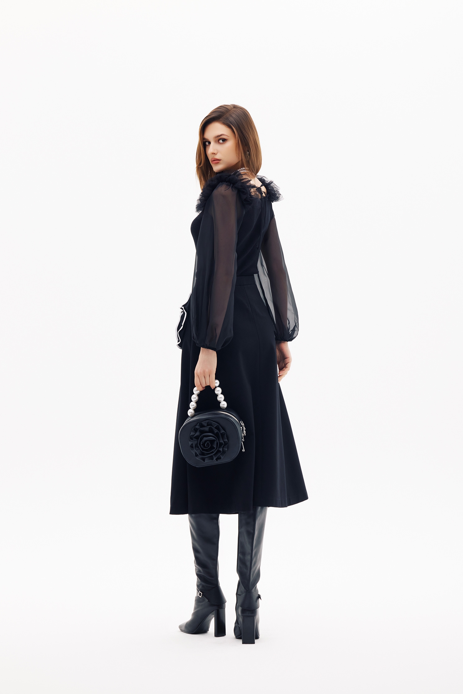 Organza Sleeve Knit Top With Ruffle DetailOrganza Sleeve Knit Top With Ruffle Detail,Office Looks,Tops,Season (SS) Look,Valentine,Knitted,Knitted tops,black tops