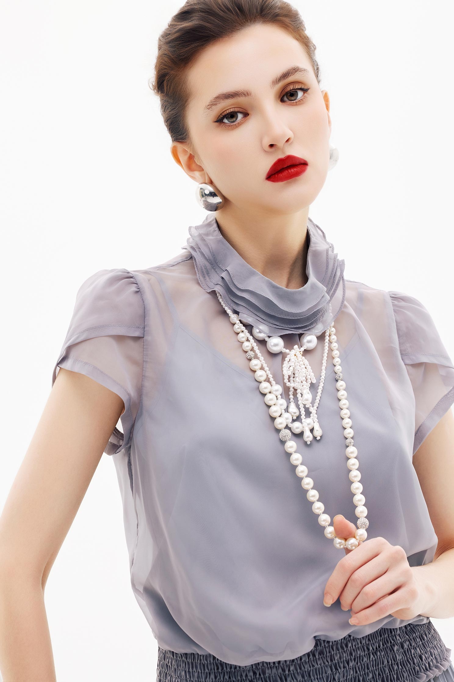 Ruffle Detail Organza Grey TopRuffle Detail Organza Grey Top,Office Looks,Tops,Under shirts,Season (SS) Look,simple outfits,Valentine