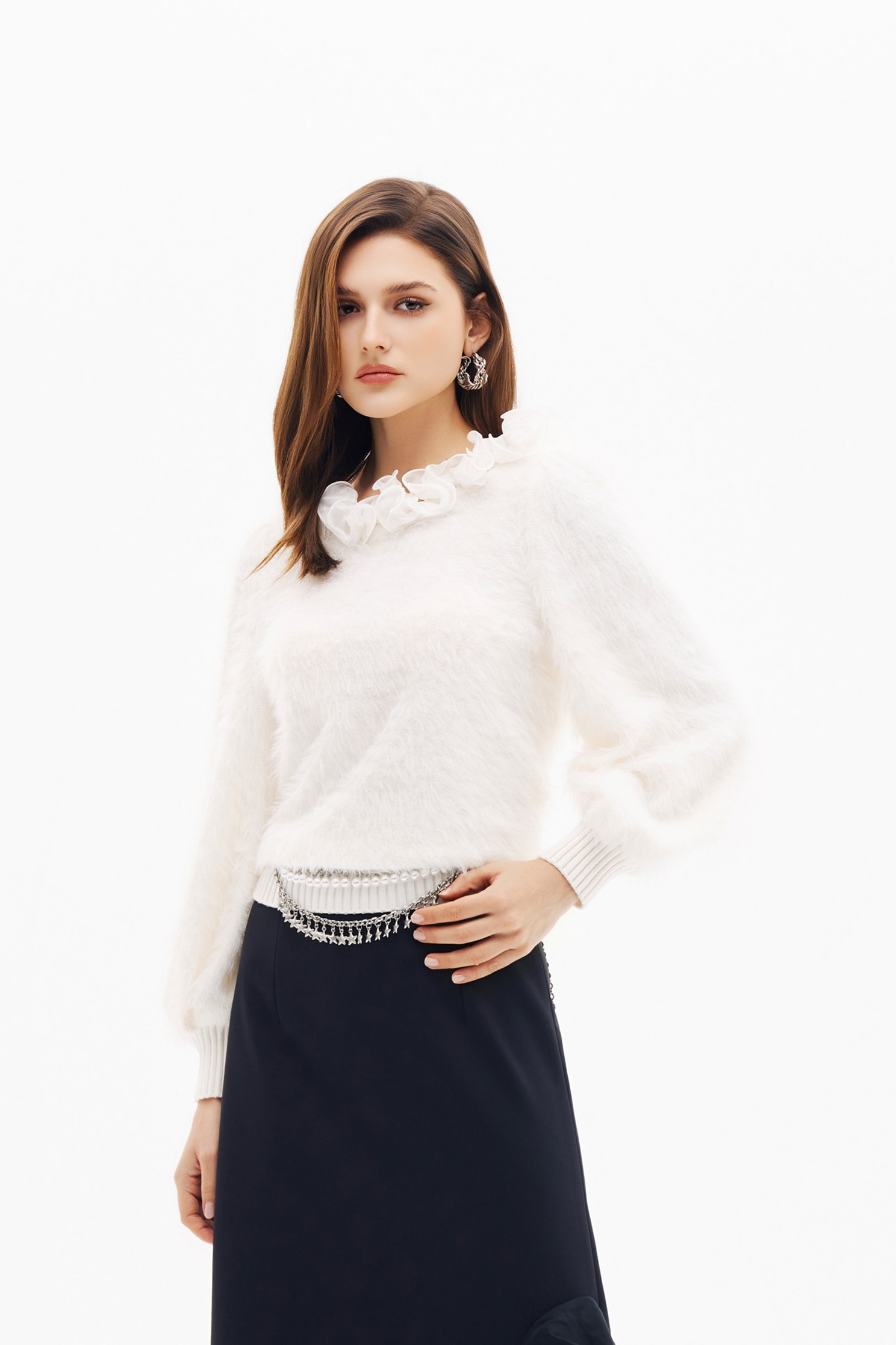 Ruffle Detail Faux Fur Long Sleeve TopRuffle Detail Faux Fur Long Sleeve Top,Office Looks,Tops,Season (SS) Look,White tops,simple outfits,Valentine,Knitted,Chiffon