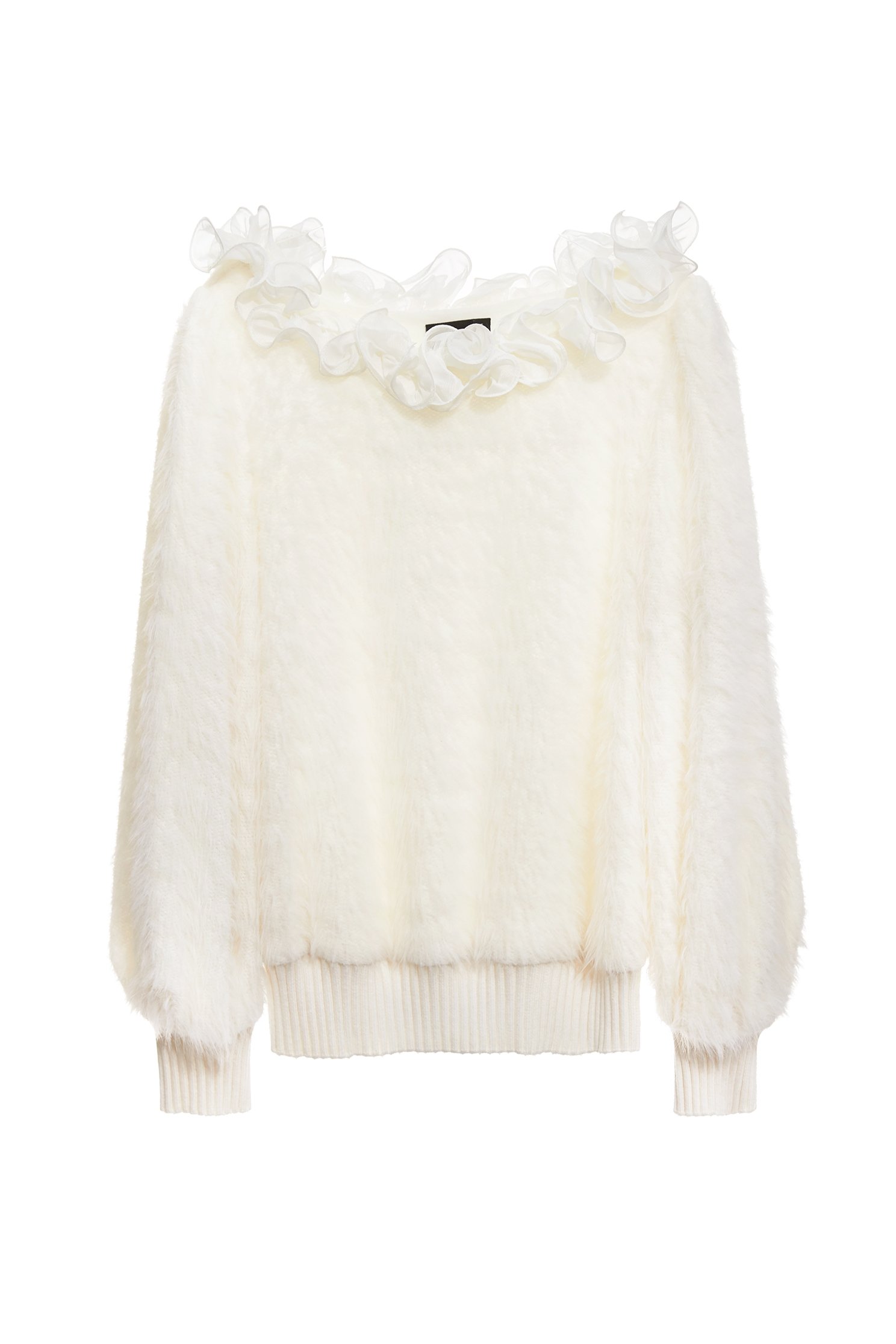 Ruffle Detail Faux Fur Long Sleeve TopRuffle Detail Faux Fur Long Sleeve Top,Office Looks,Tops,Season (SS) Look,White tops,simple outfits,Valentine,Knitted,Chiffon