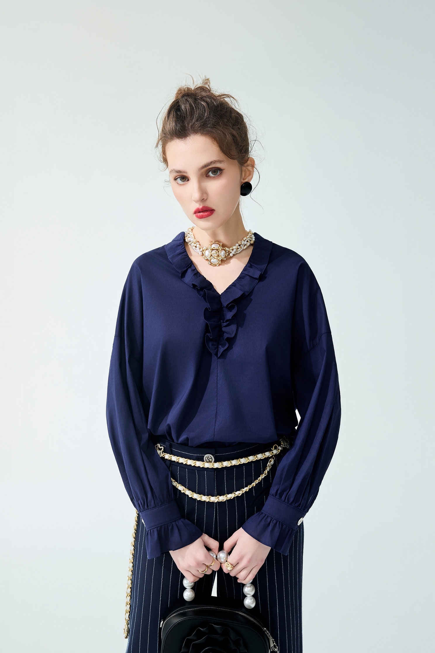 Ruffle Neckline Detail Navy BlouseRuffle Neckline Detail Navy Blouse,V-Neck T shirts,Tops,Season (SS) Look
