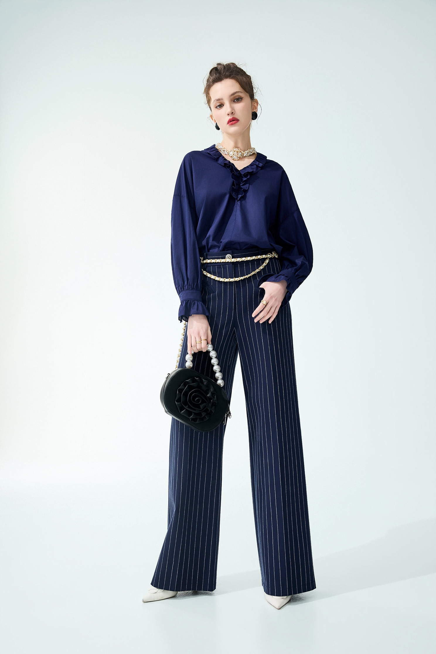 Ruffle Neckline Detail Navy BlouseRuffle Neckline Detail Navy Blouse,V-Neck T shirts,Tops,Season (SS) Look