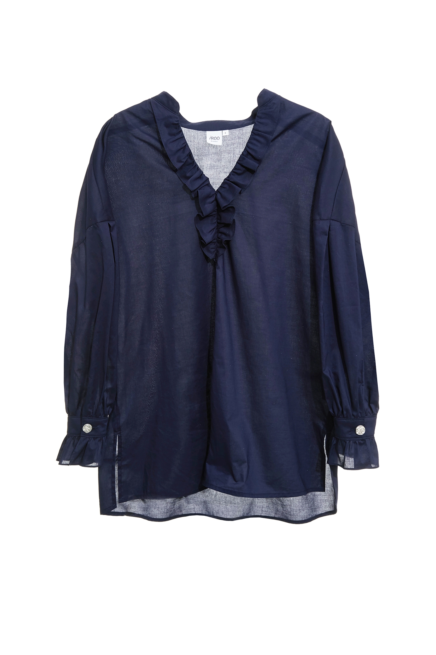 Ruffle Neckline Detail Navy BlouseRuffle Neckline Detail Navy Blouse,V-Neck T shirts,Tops,Season (SS) Look