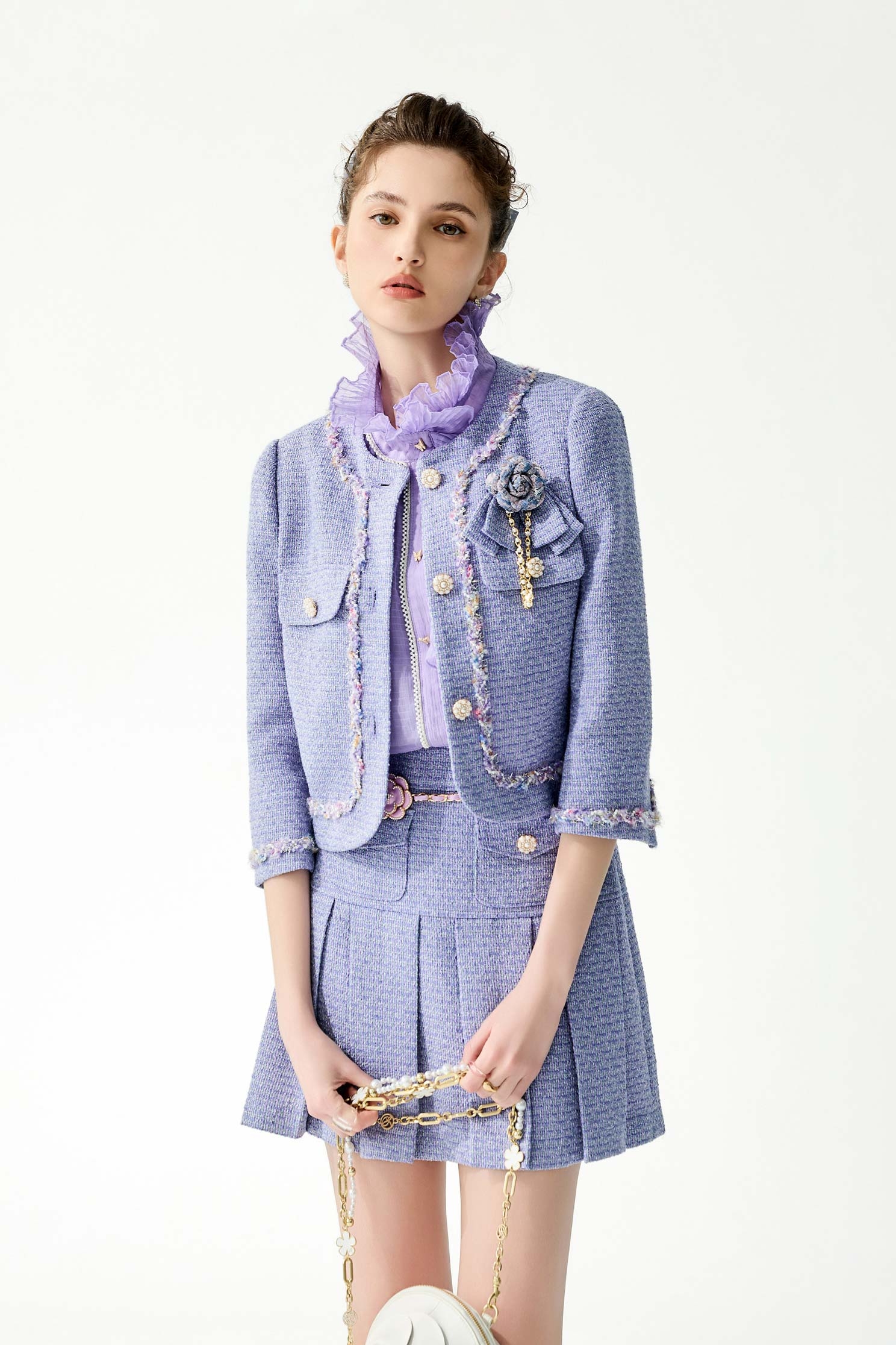 Floral Brooch Purple Tweed JacketFloral Brooch Purple Tweed Jacket,Jackets,Outerwear,Season (SS) Look