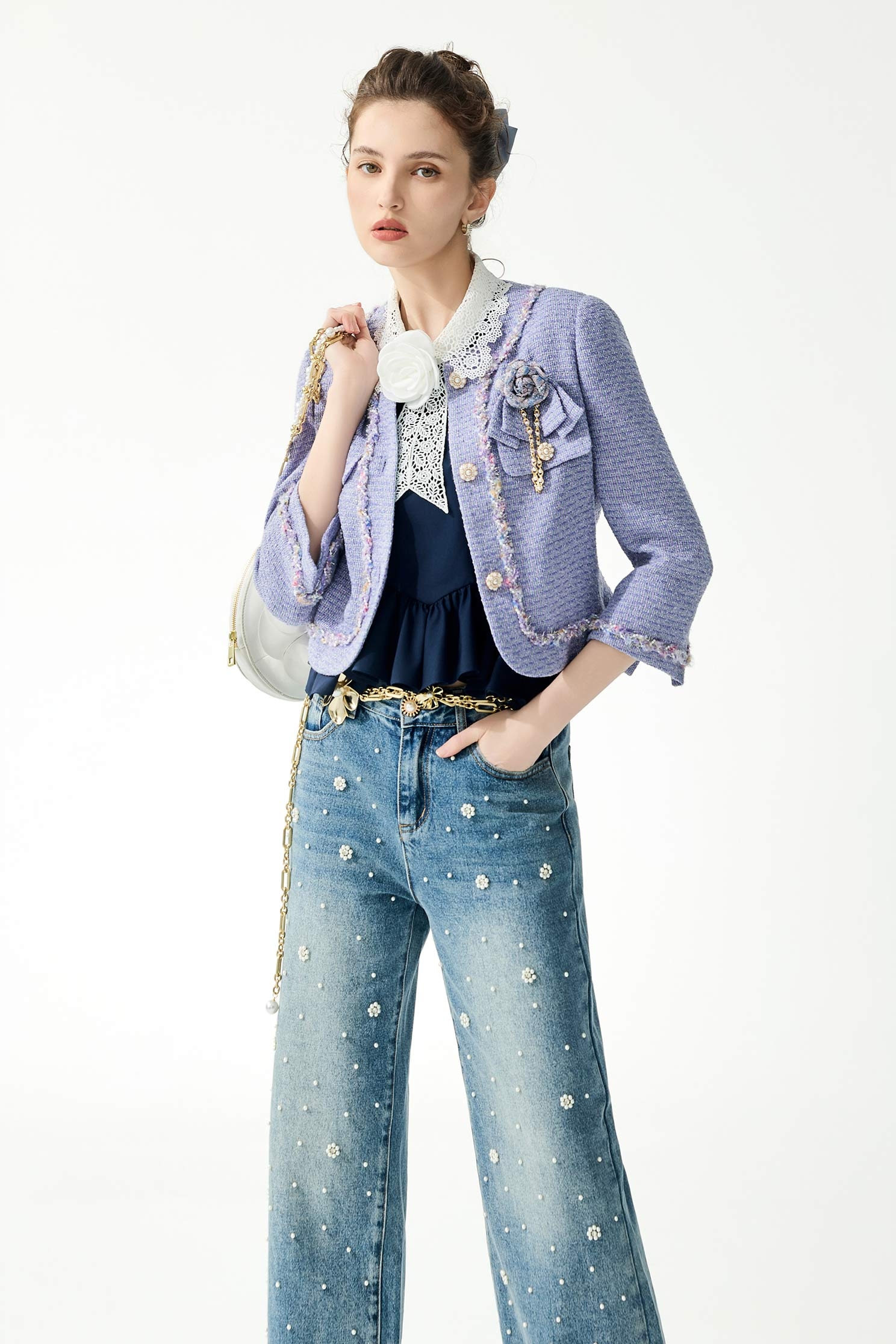 Floral Brooch Purple Tweed JacketFloral Brooch Purple Tweed Jacket,Jackets,Outerwear,Season (SS) Look