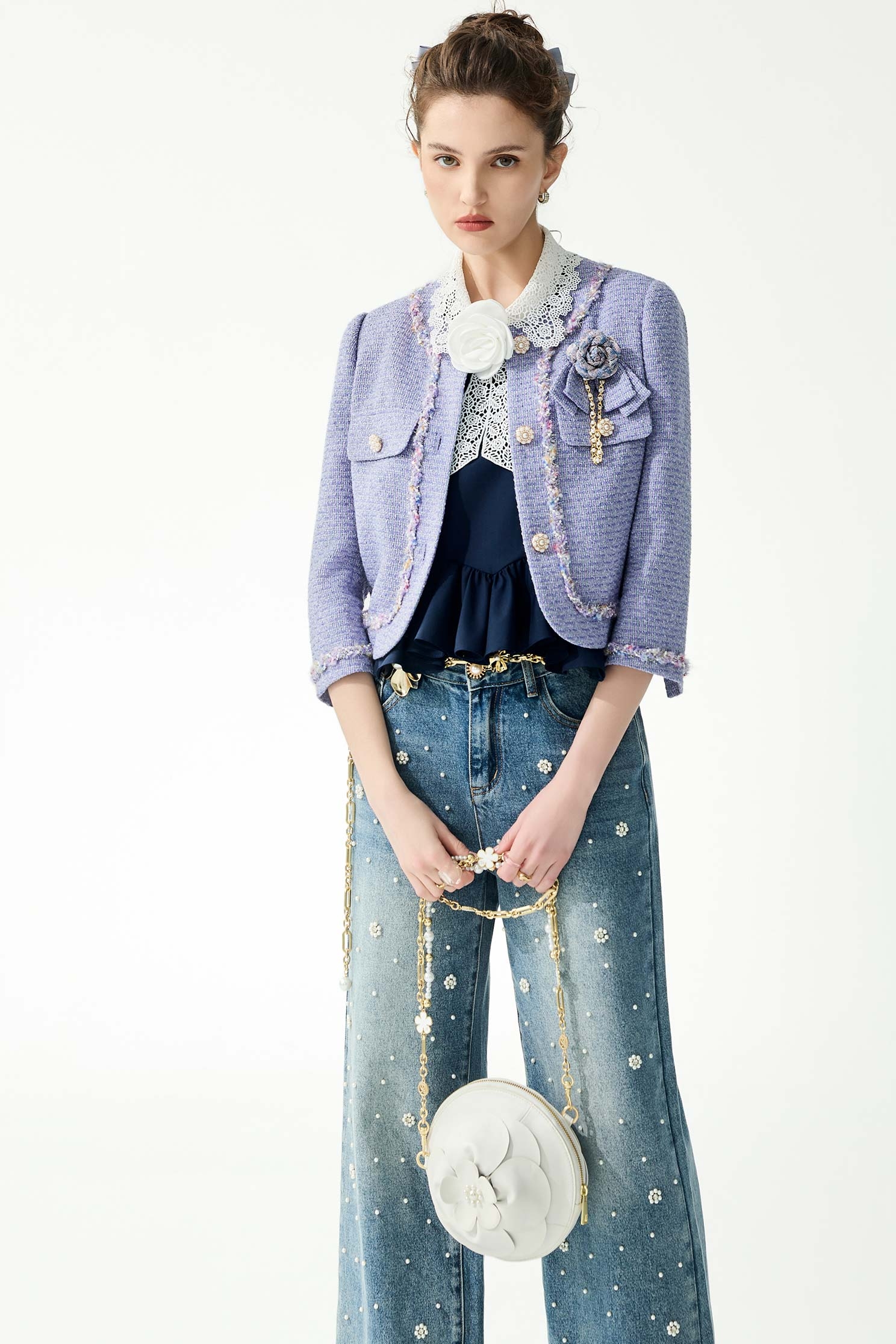 Floral Brooch Purple Tweed JacketFloral Brooch Purple Tweed Jacket,Jackets,Outerwear,Season (SS) Look