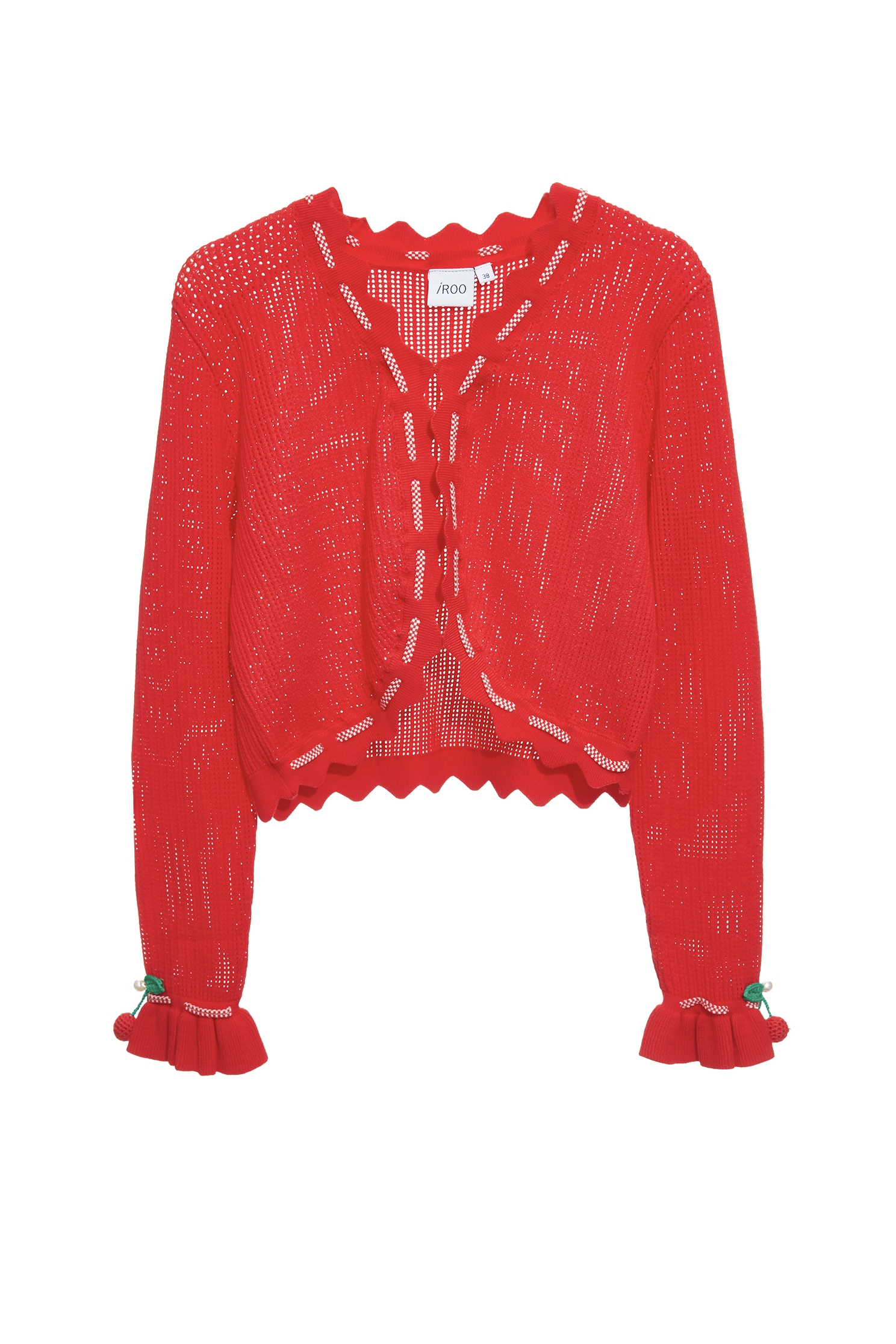 Scallop Trim Chili Red Knit Cardigan,Jackets,bestselling,Outerwear,Season (SS) Look,Knitted,Knitted coats