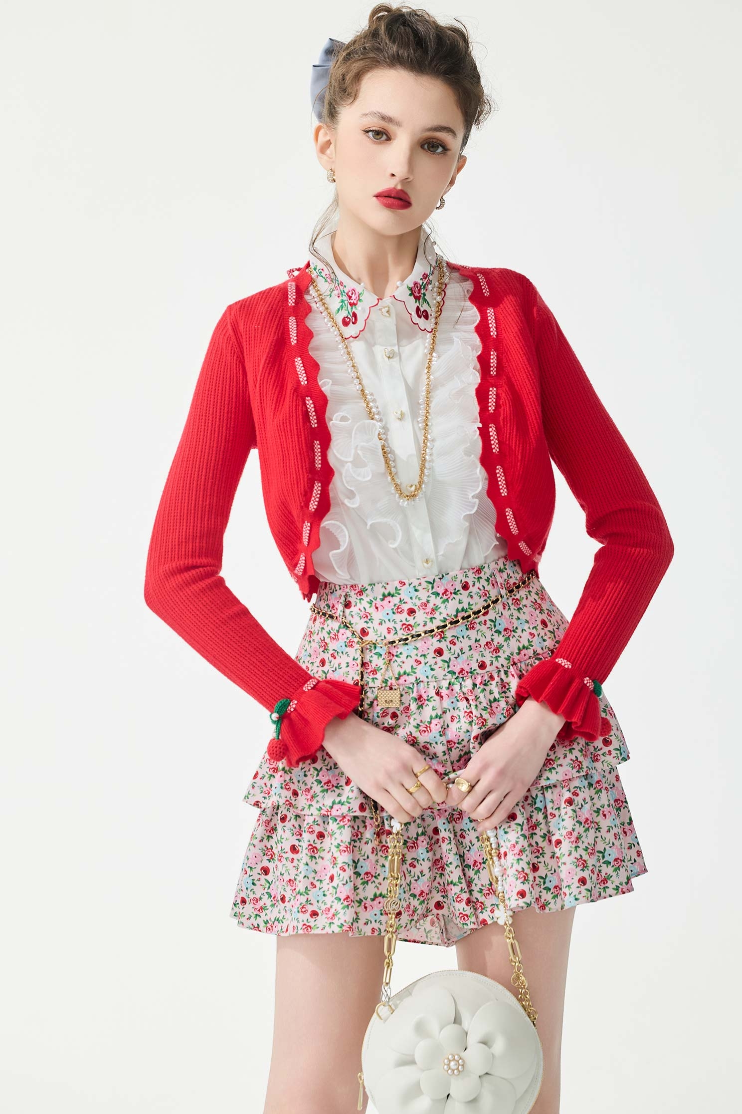 Scallop Trim Chili Red Knit Cardigan,Jackets,bestselling,Outerwear,Season (SS) Look,Knitted,Knitted coats