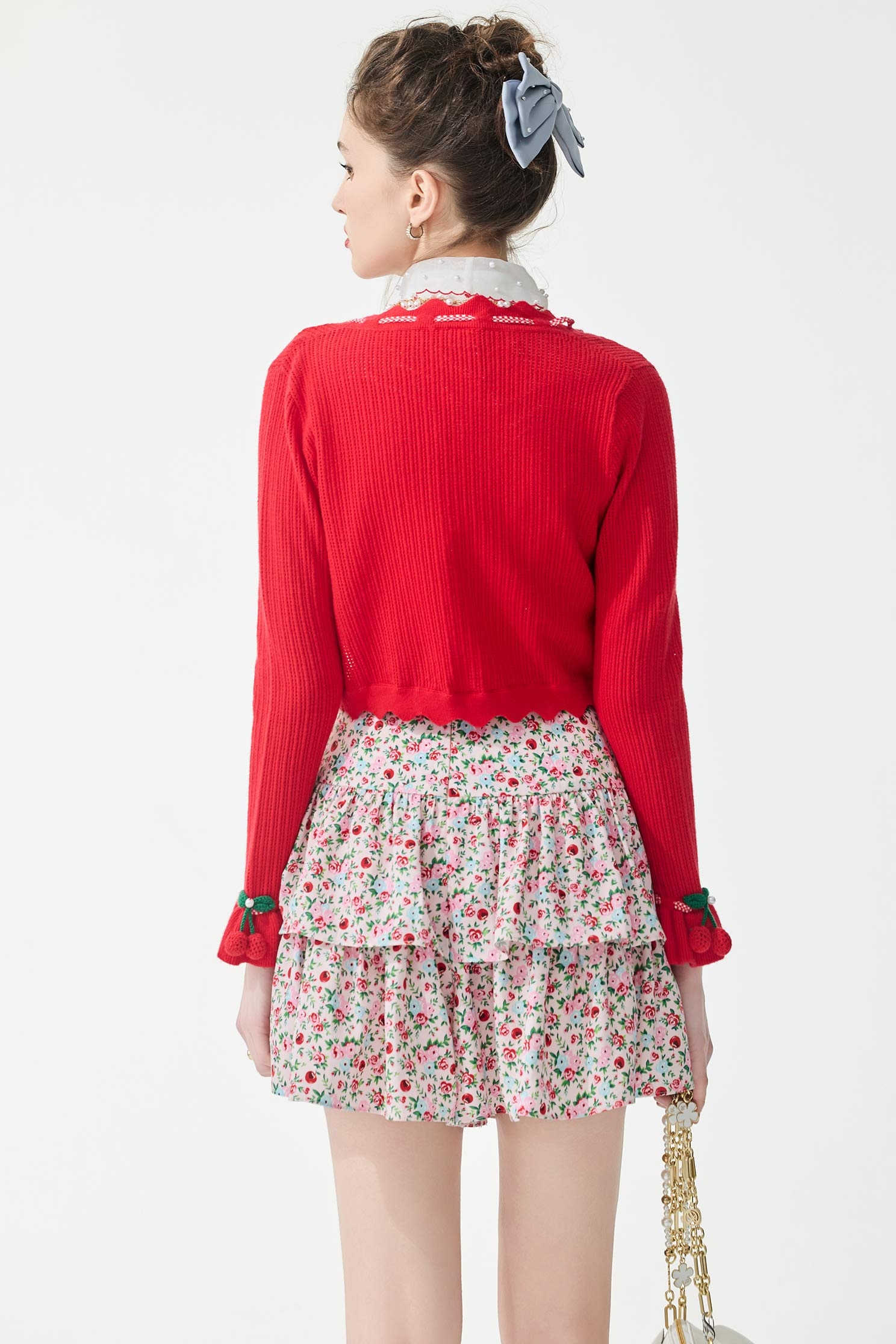 Scallop Trim Chili Red Knit Cardigan,Jackets,bestselling,Outerwear,Season (SS) Look,Knitted,Knitted coats