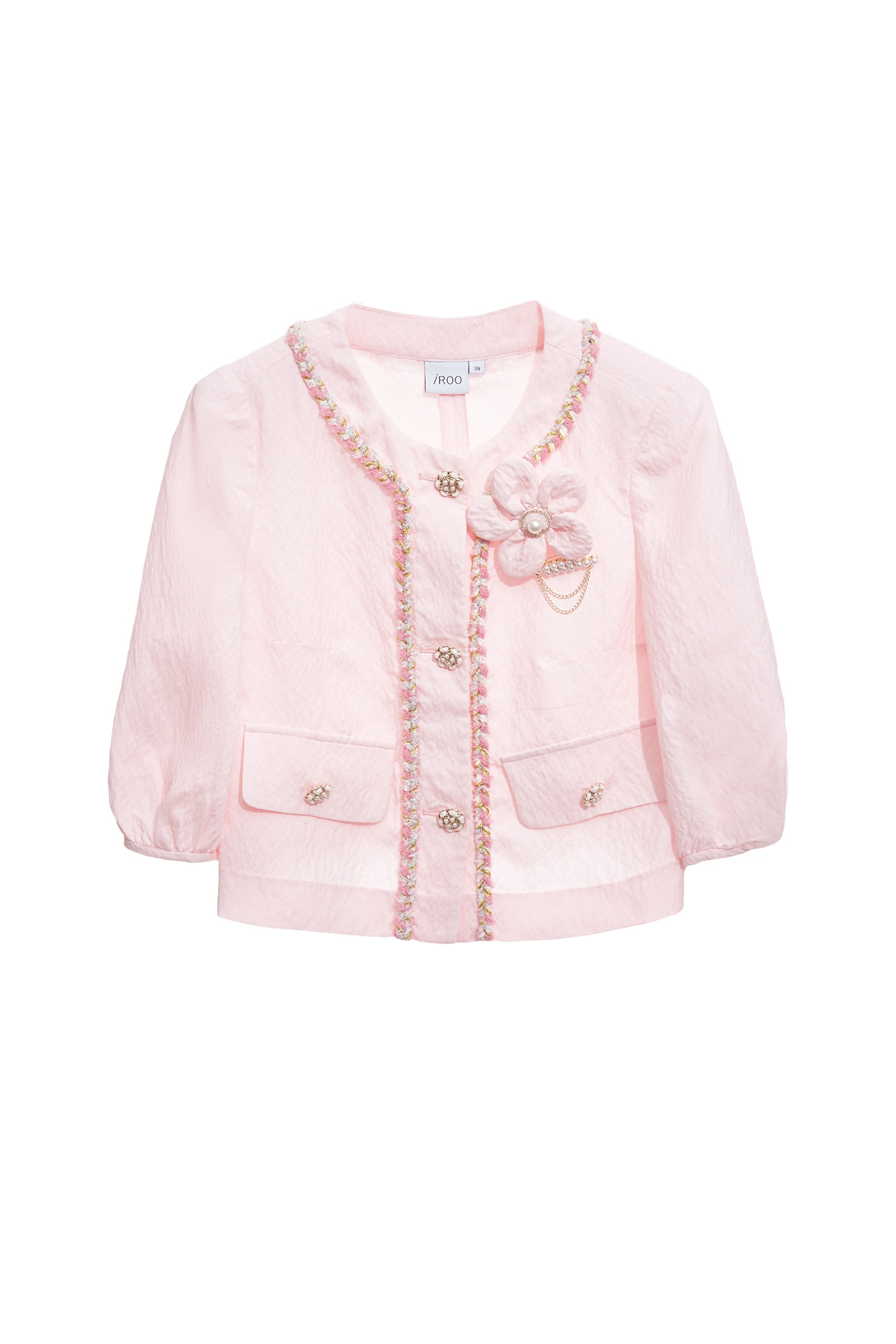 Textured Pink Floral Brooch Crop Jacket,Jackets,Outerwear,Season (SS) Look,pearl