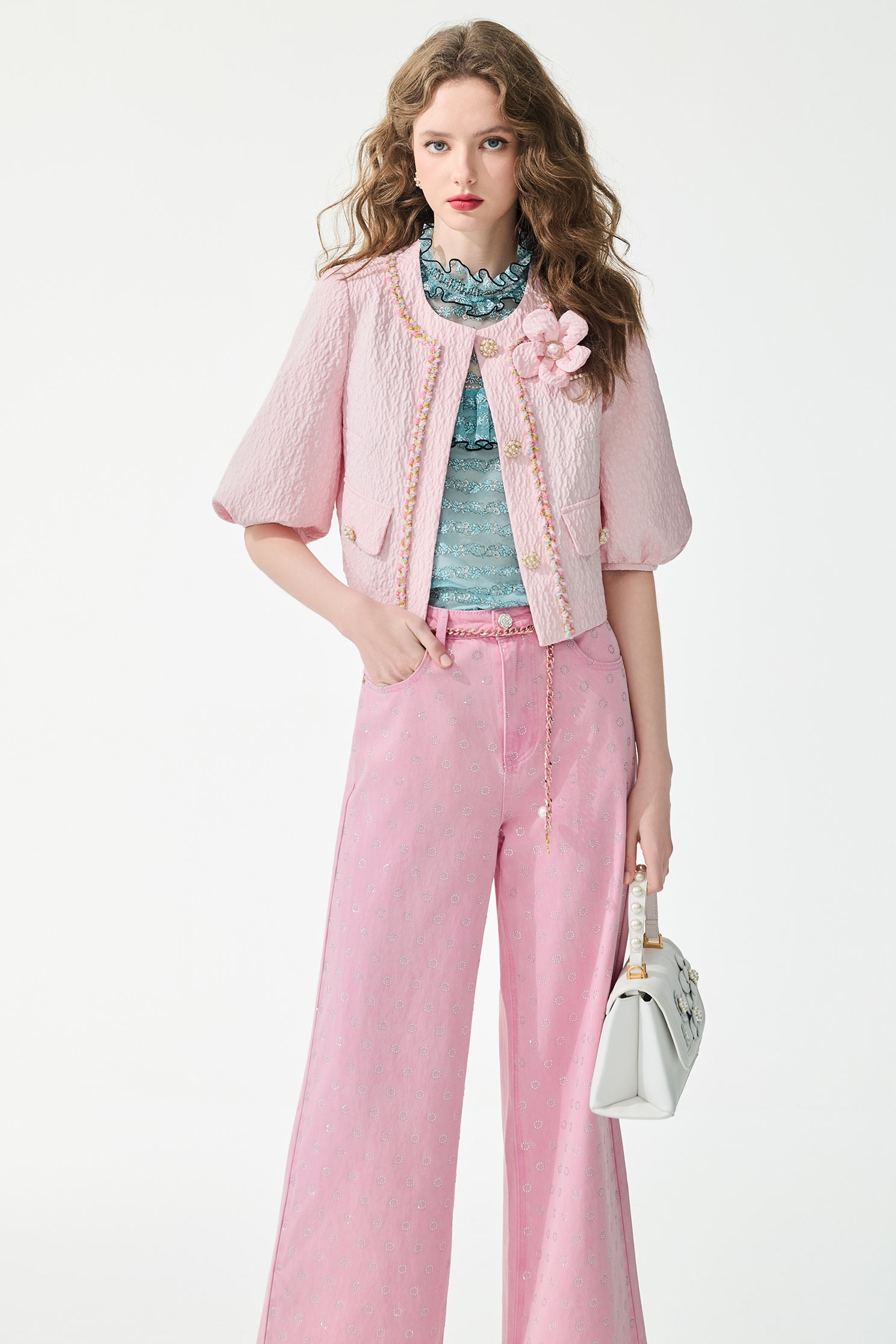 Textured Pink Floral Brooch Crop Jacket,Jackets,Outerwear,Season (SS) Look,pearl
