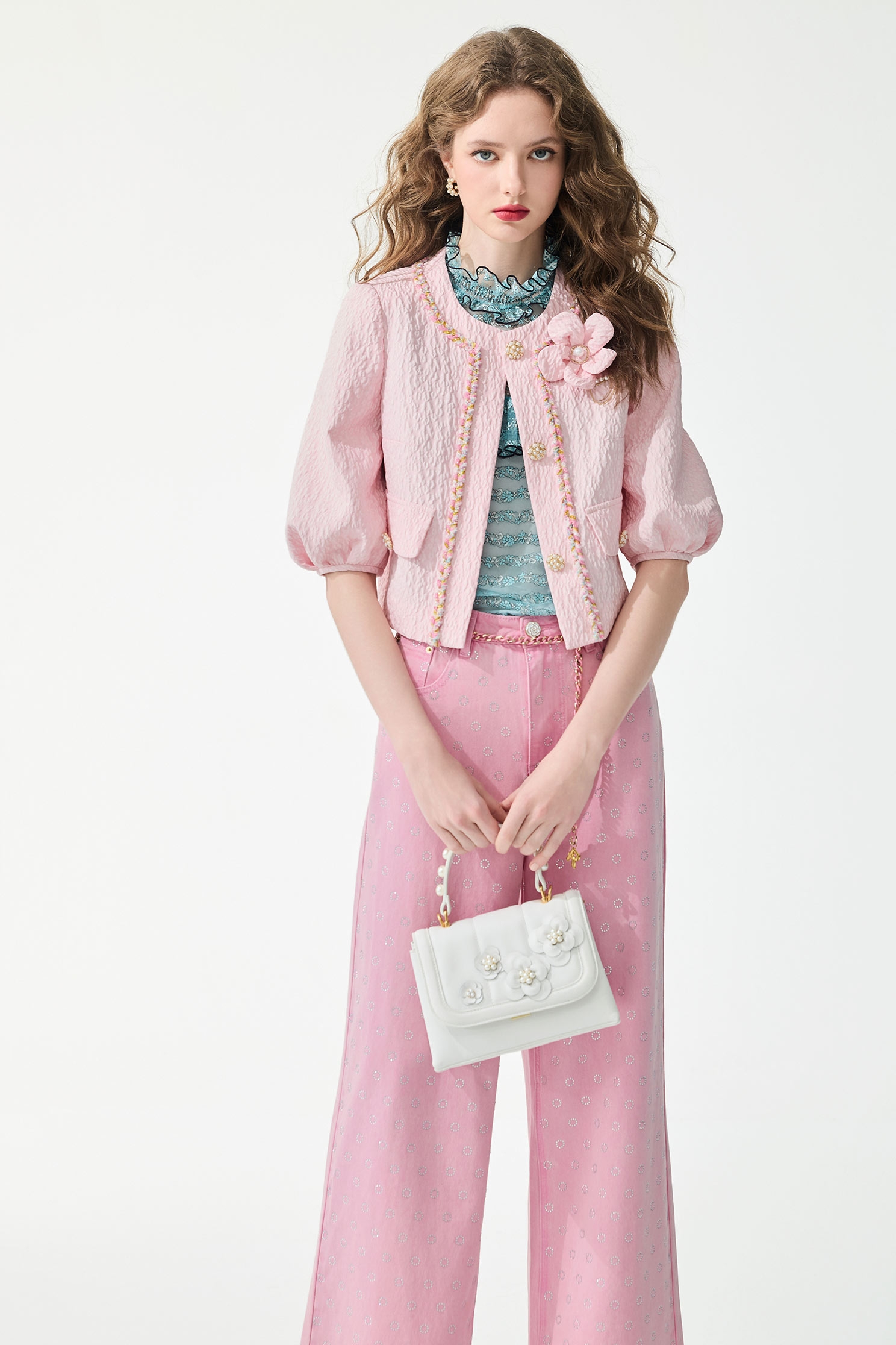 Textured Pink Floral Brooch Crop Jacket,Jackets,Outerwear,Season (SS) Look,pearl
