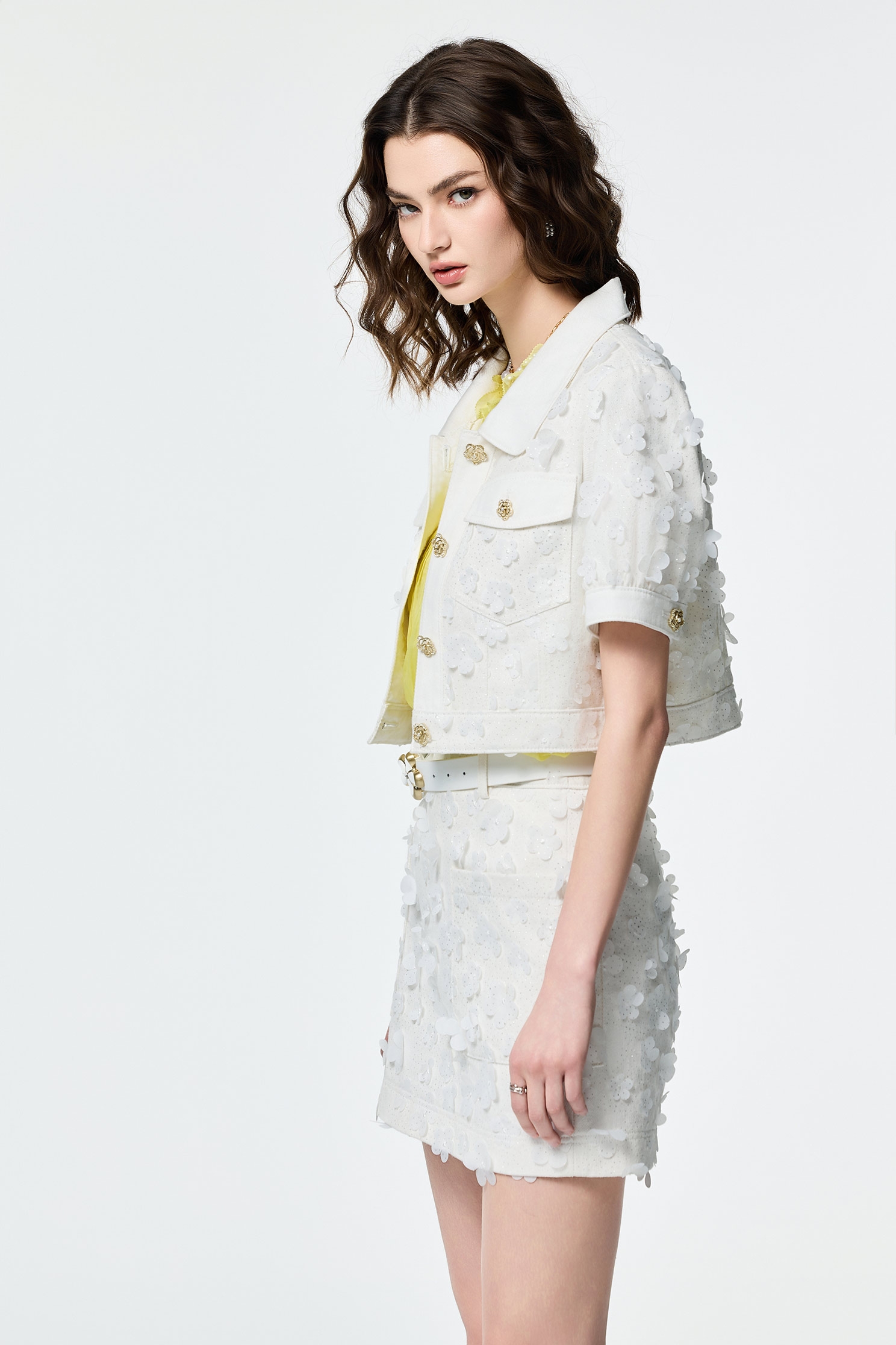 Denim Outerwear With Sequin Floral DetailDenim Outerwear With Sequin Floral Detail,Jackets,Office Looks,Embroidered,Outerwear,Season (SS) Look,co-ord sets,Denim,Denim Jackets,City Feminine,Valentine