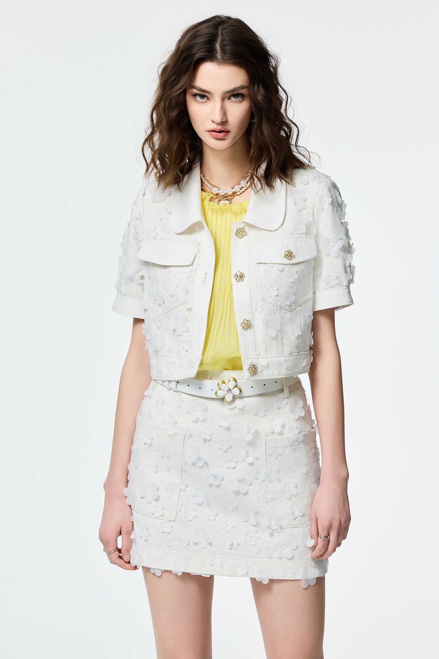 Denim Outerwear With Sequin Floral DetailDenim Outerwear With Sequin Floral Detail,Jackets,Office Looks,Embroidered,Outerwear,Season (SS) Look,co-ord sets,Denim,Denim Jackets,City Feminine,Valentine